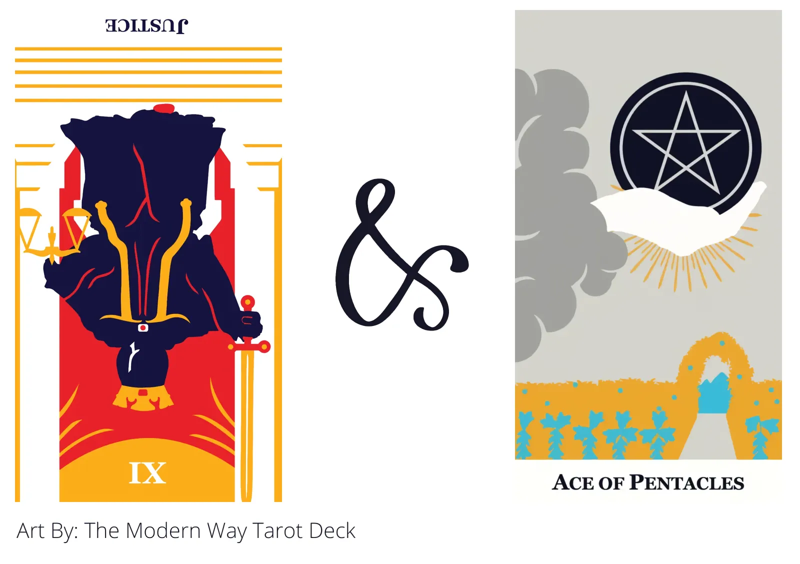 justice reversed and ace of pentacles tarot cards together