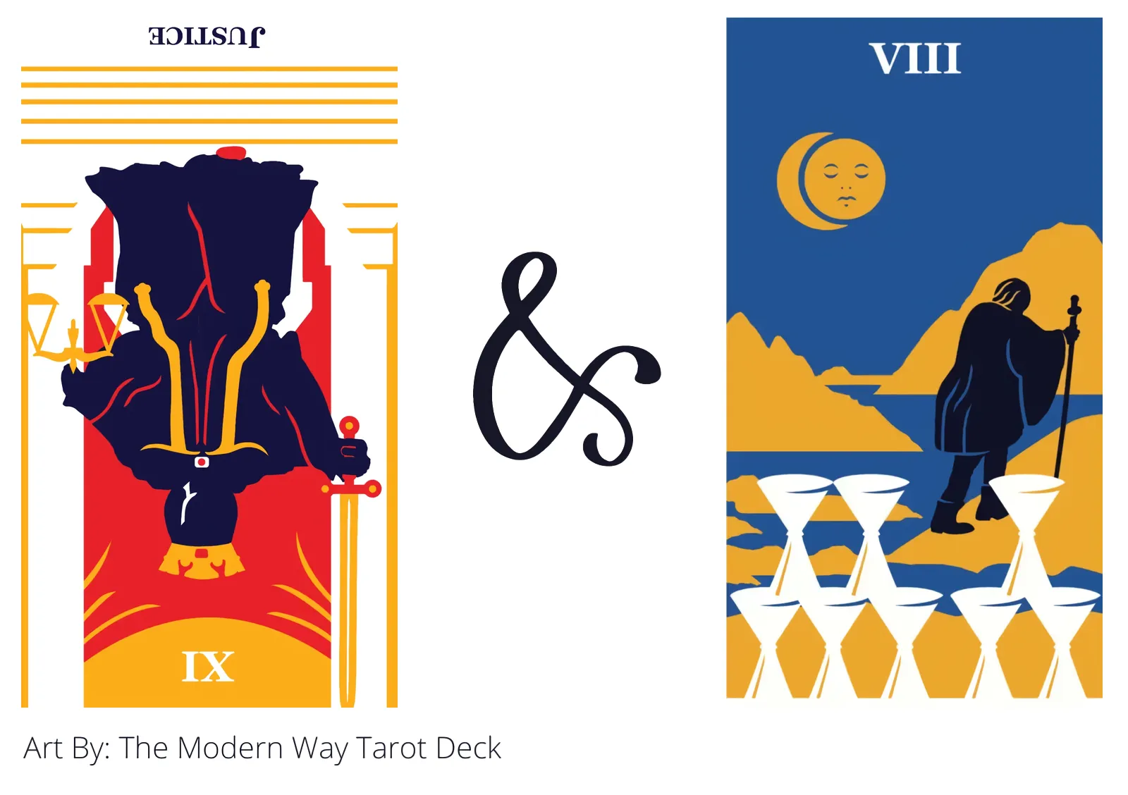 justice reversed and eight of cups tarot cards together
