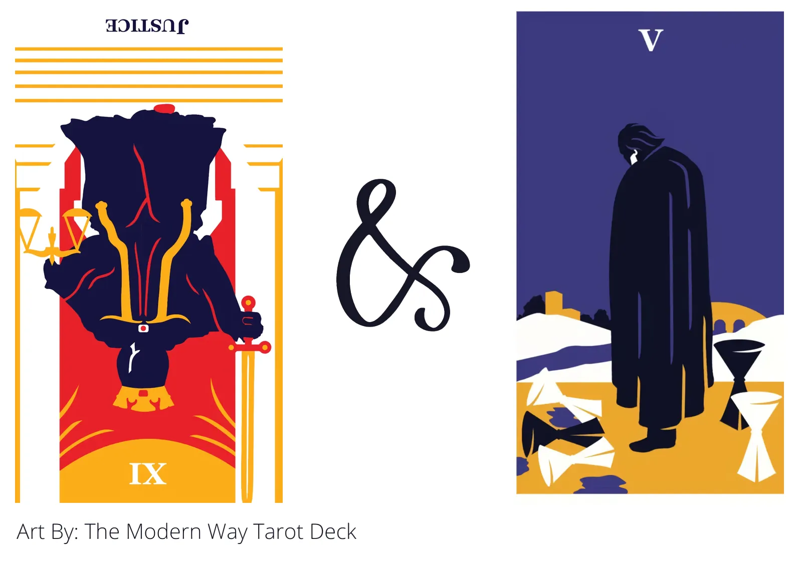 justice reversed and five of cups tarot cards together