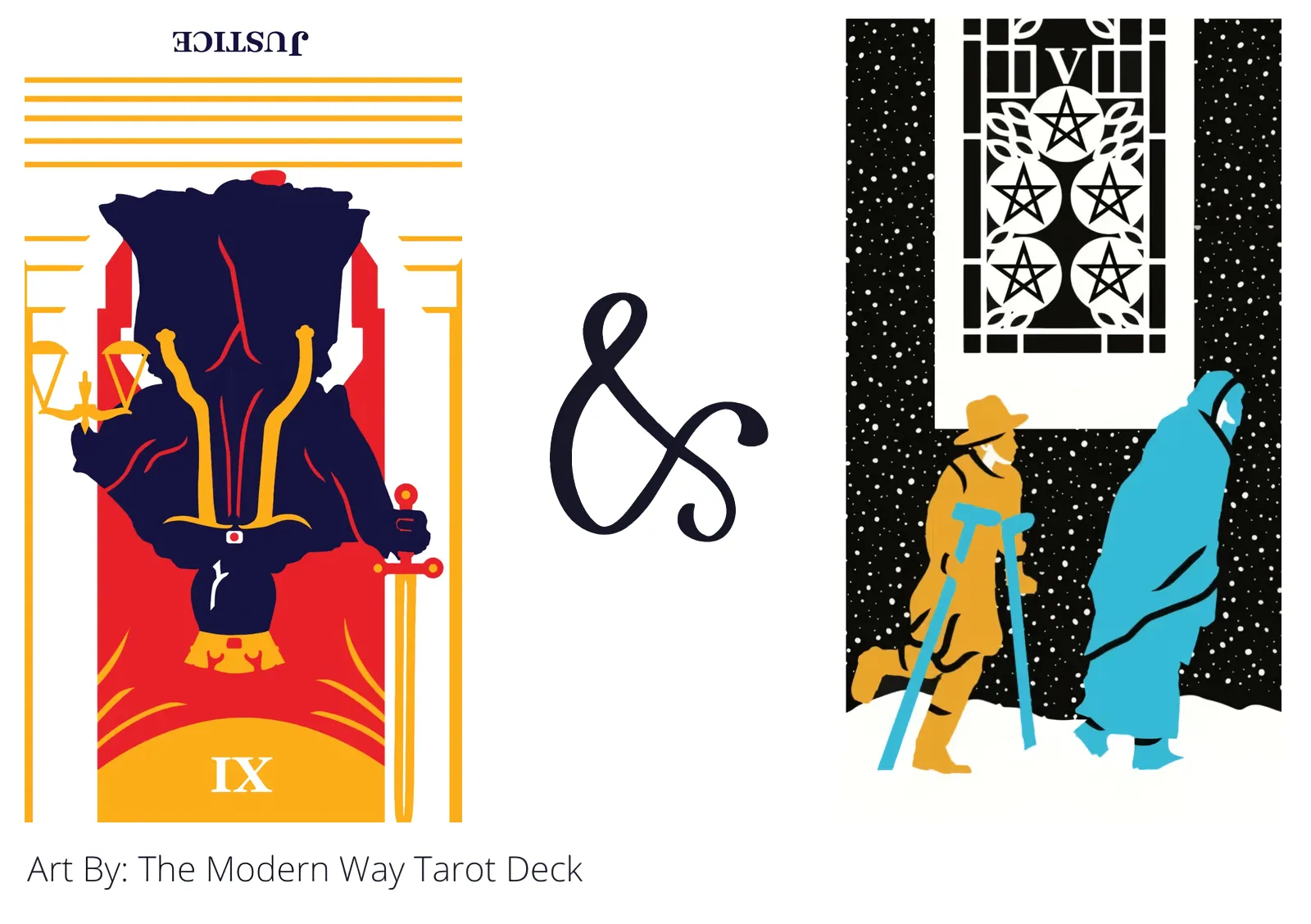 justice reversed and five of pentacles tarot cards together