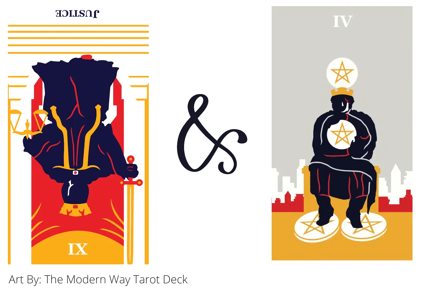 justice reversed and four of pentacles tarot cards together