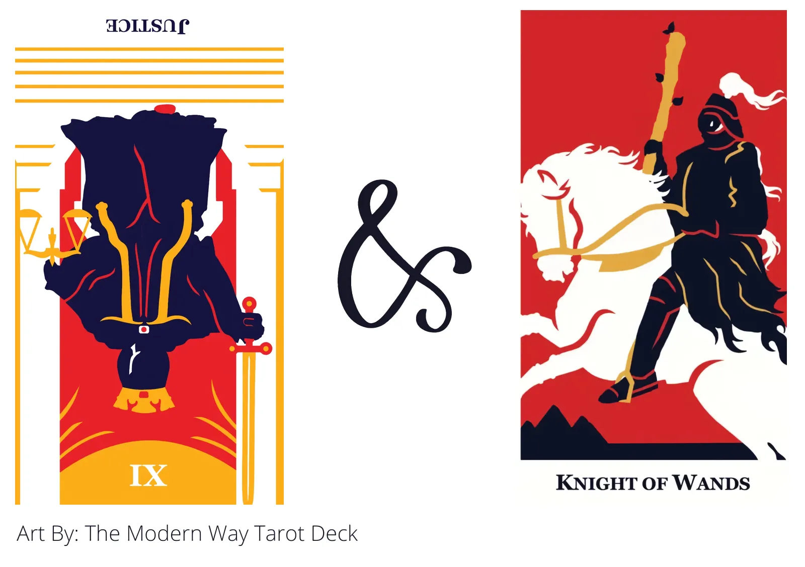 justice reversed and knight of wands tarot cards together