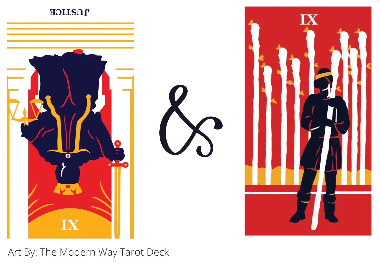 justice reversed and nine of wands tarot cards together