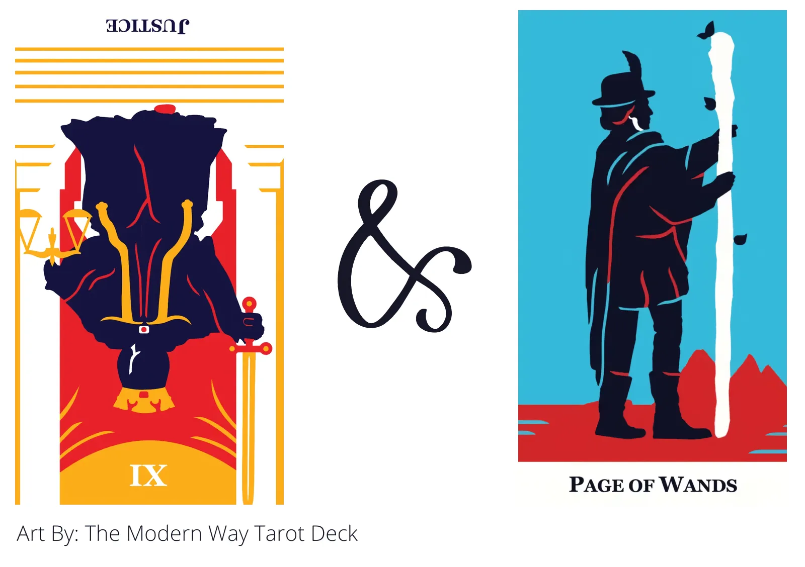 justice reversed and page of wands tarot cards together