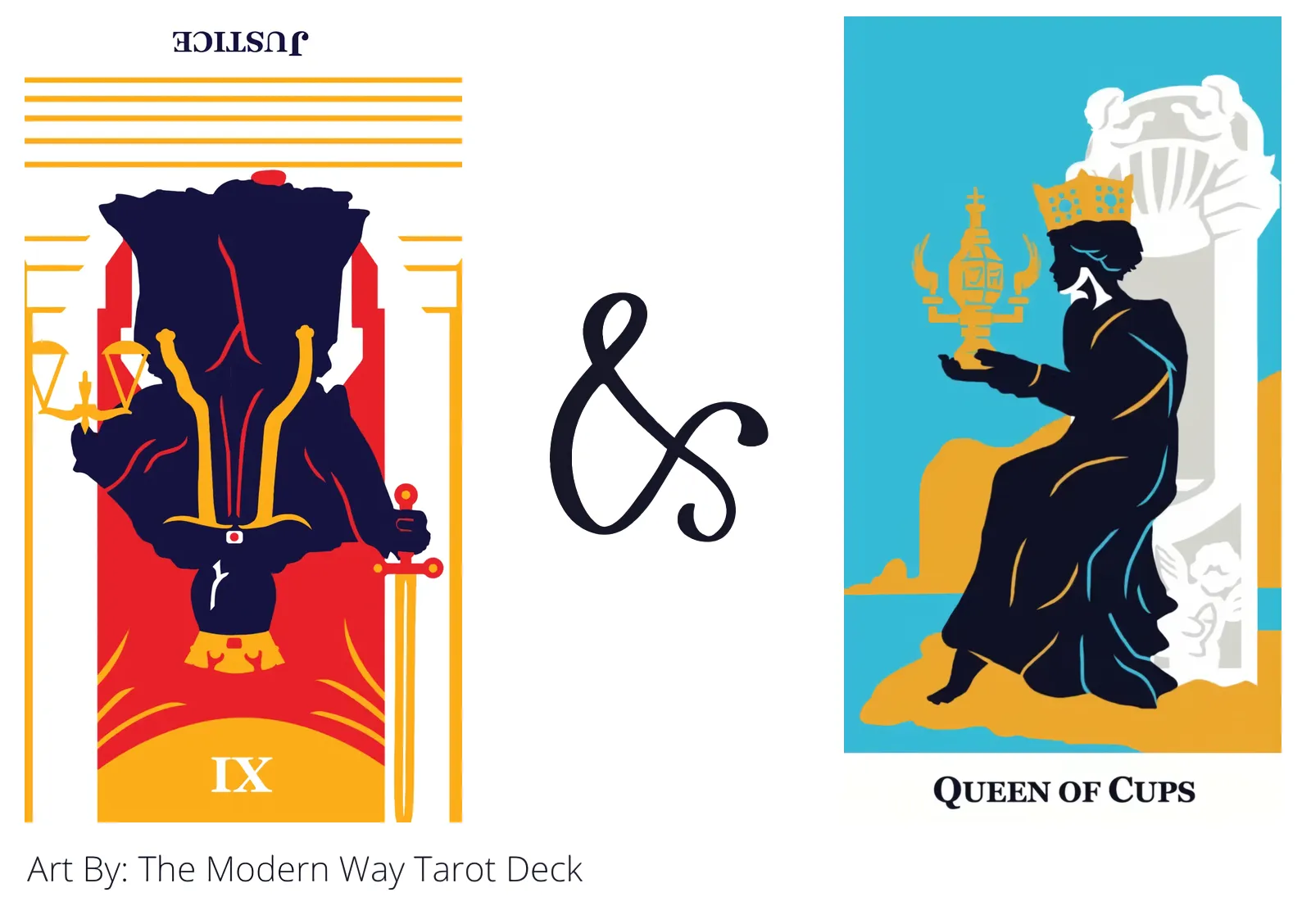 justice reversed and queen of cups tarot cards together