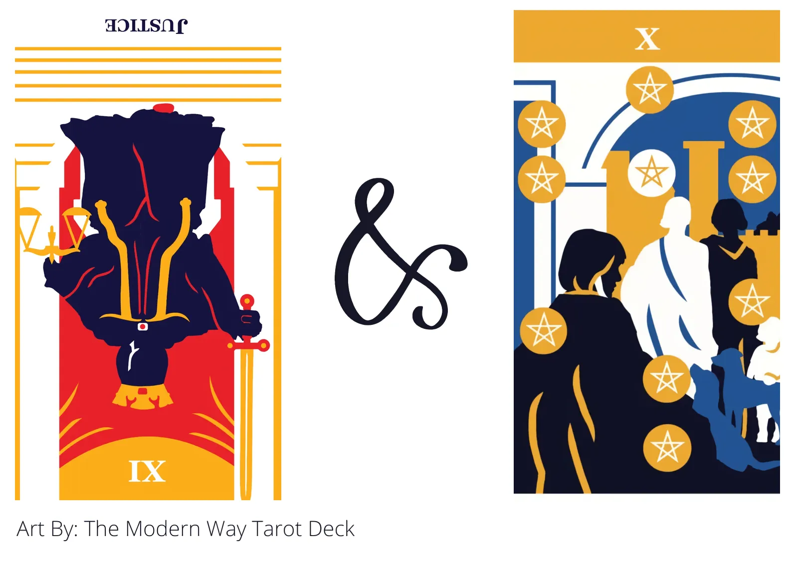 justice reversed and ten of pentacles tarot cards together