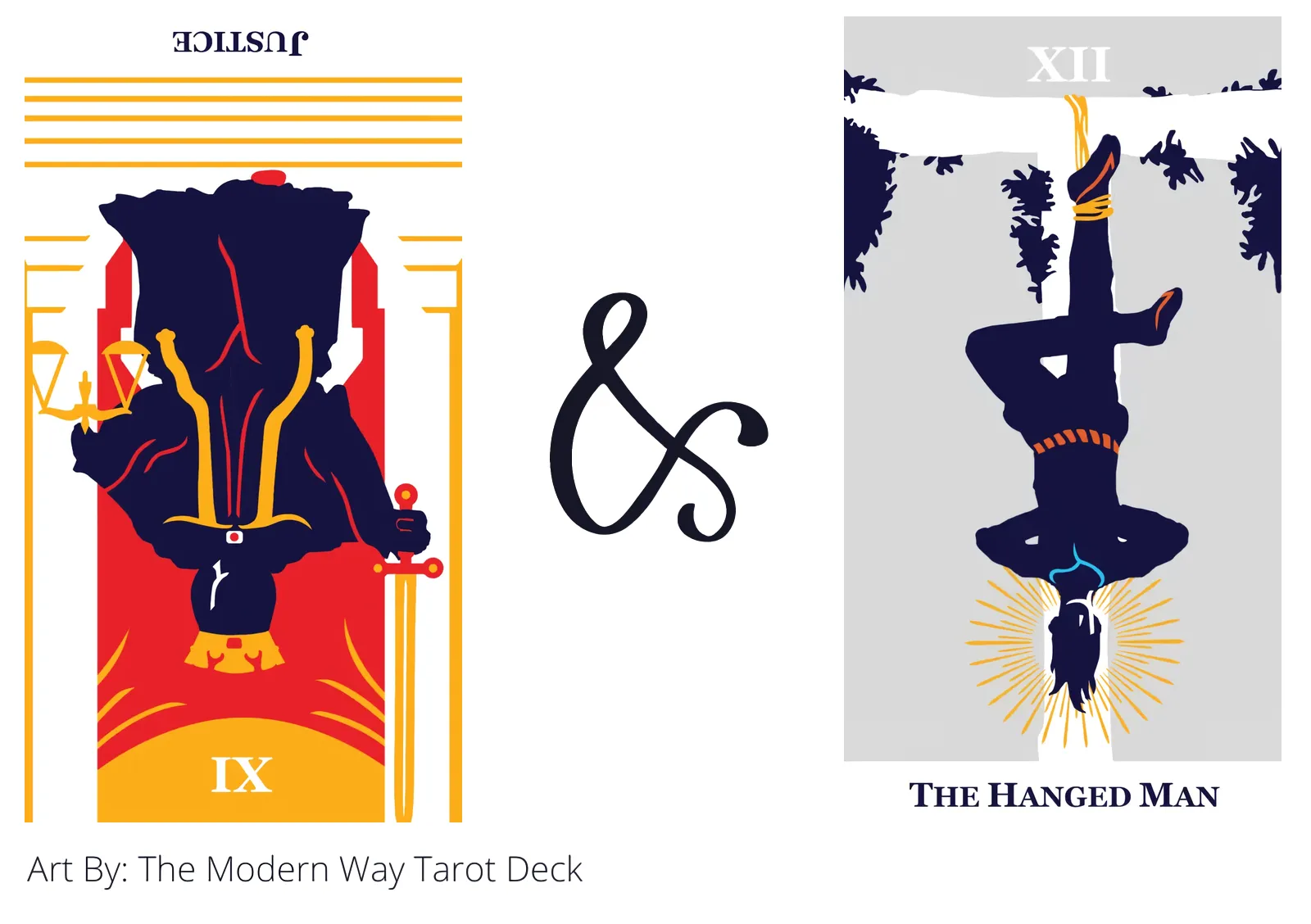 justice reversed and the hanged man tarot cards together