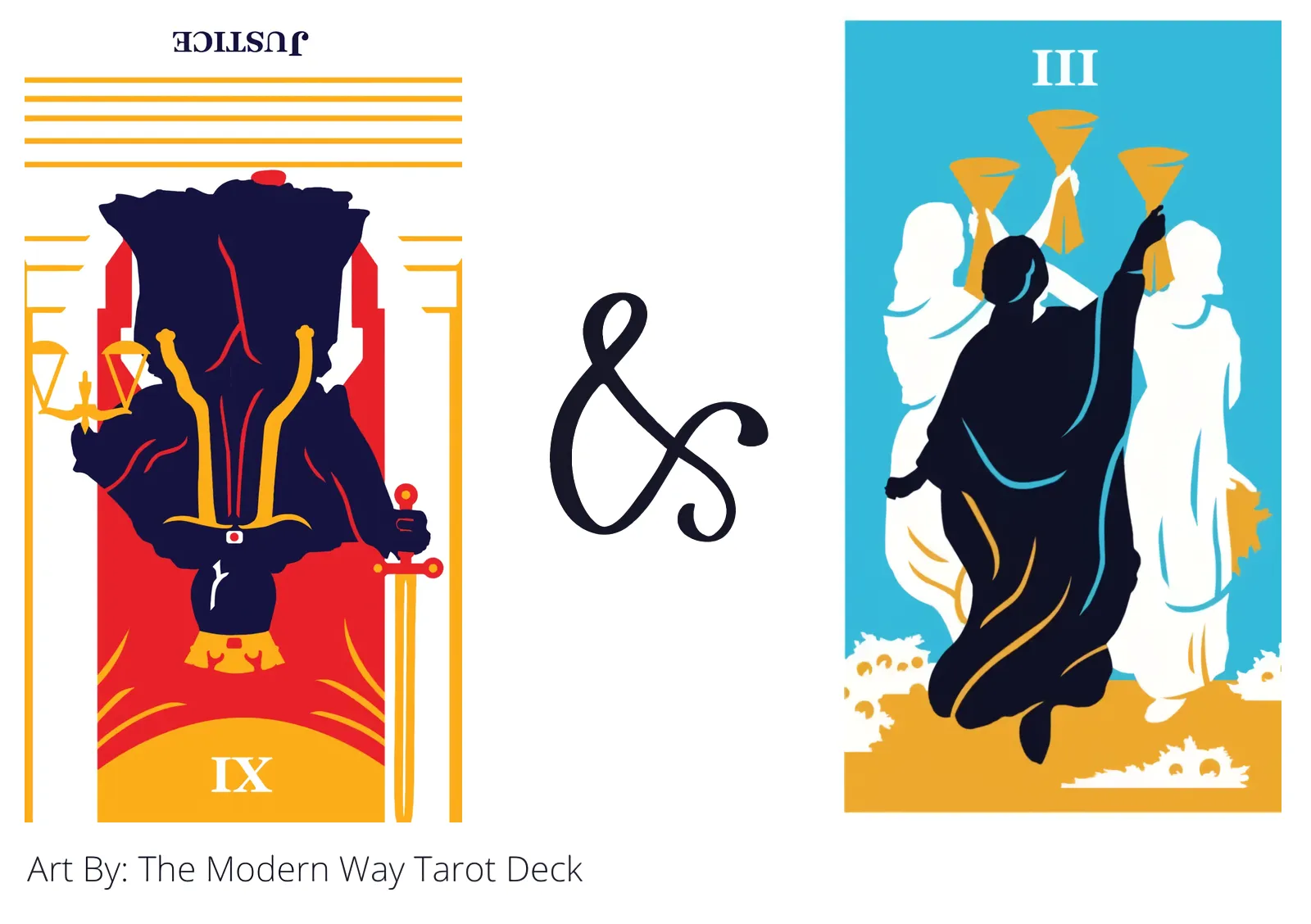 justice reversed and three of cups tarot cards together