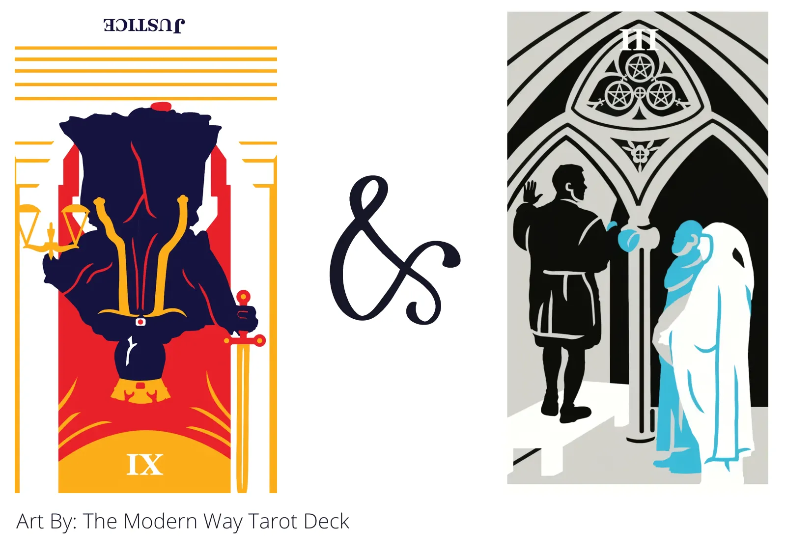 justice reversed and three of pentacles tarot cards together