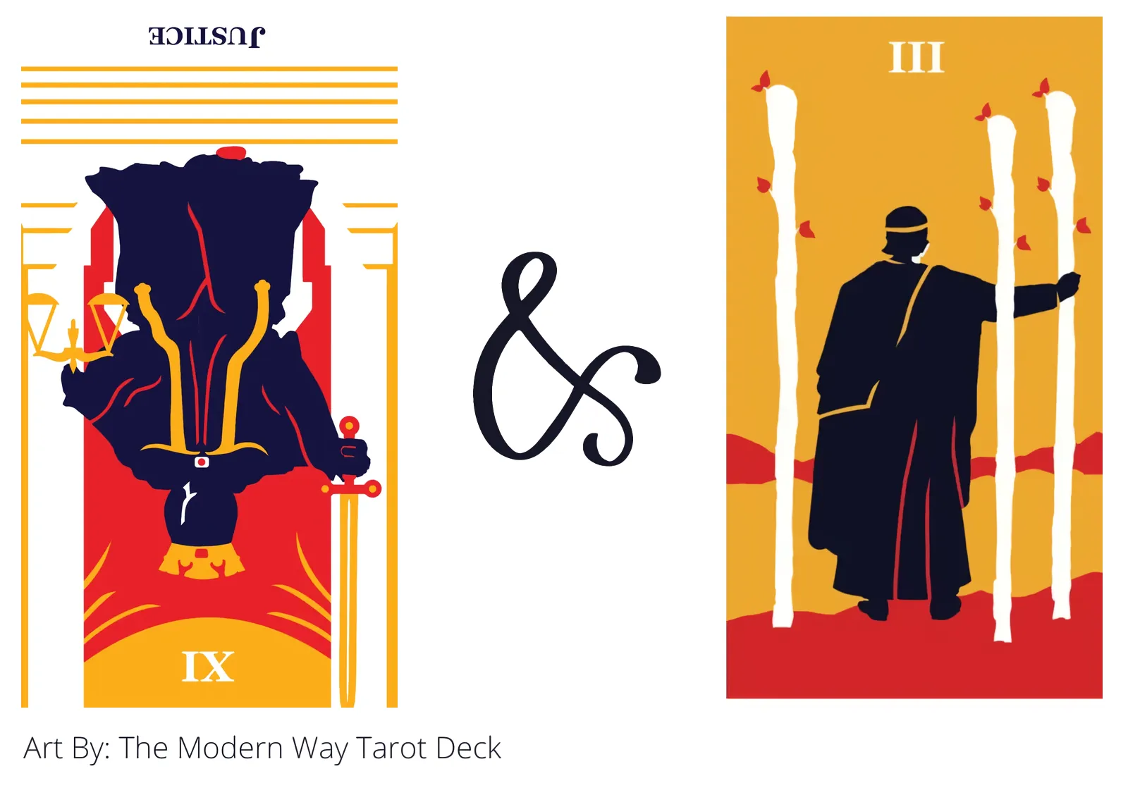 justice reversed and three of wands tarot cards together