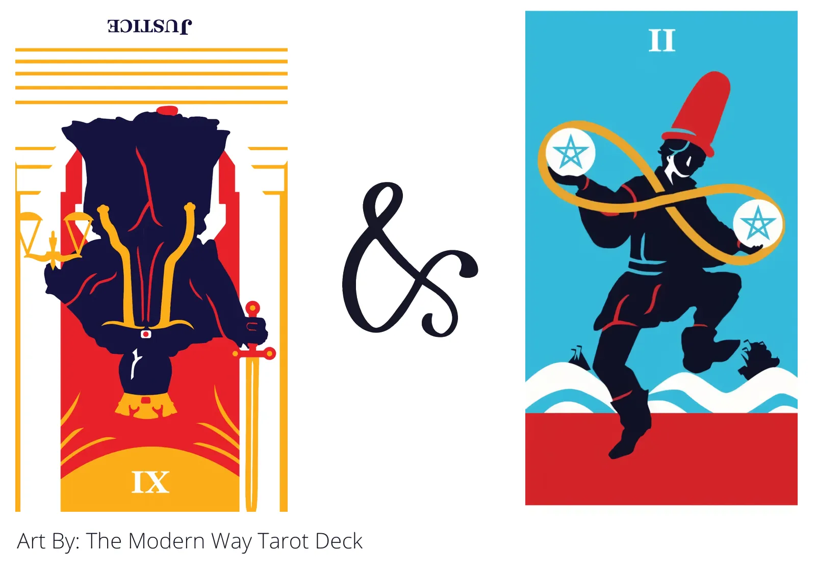 justice reversed and two of pentacles tarot cards together