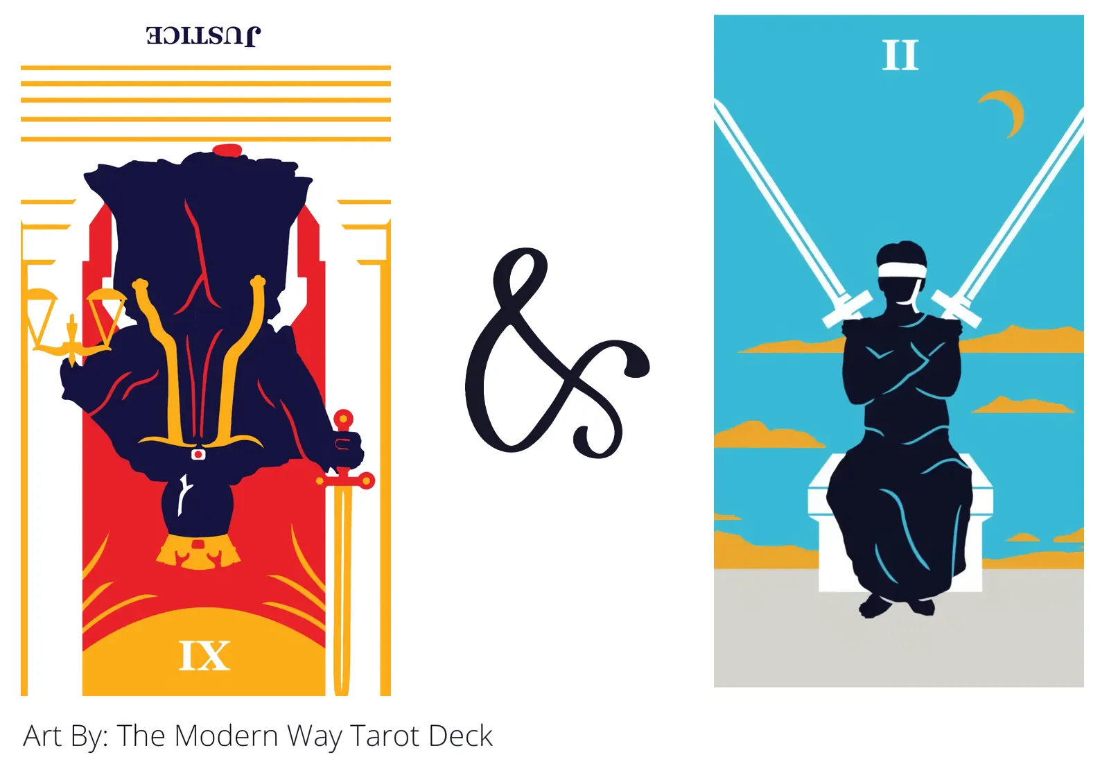 justice reversed and two of swords tarot cards together