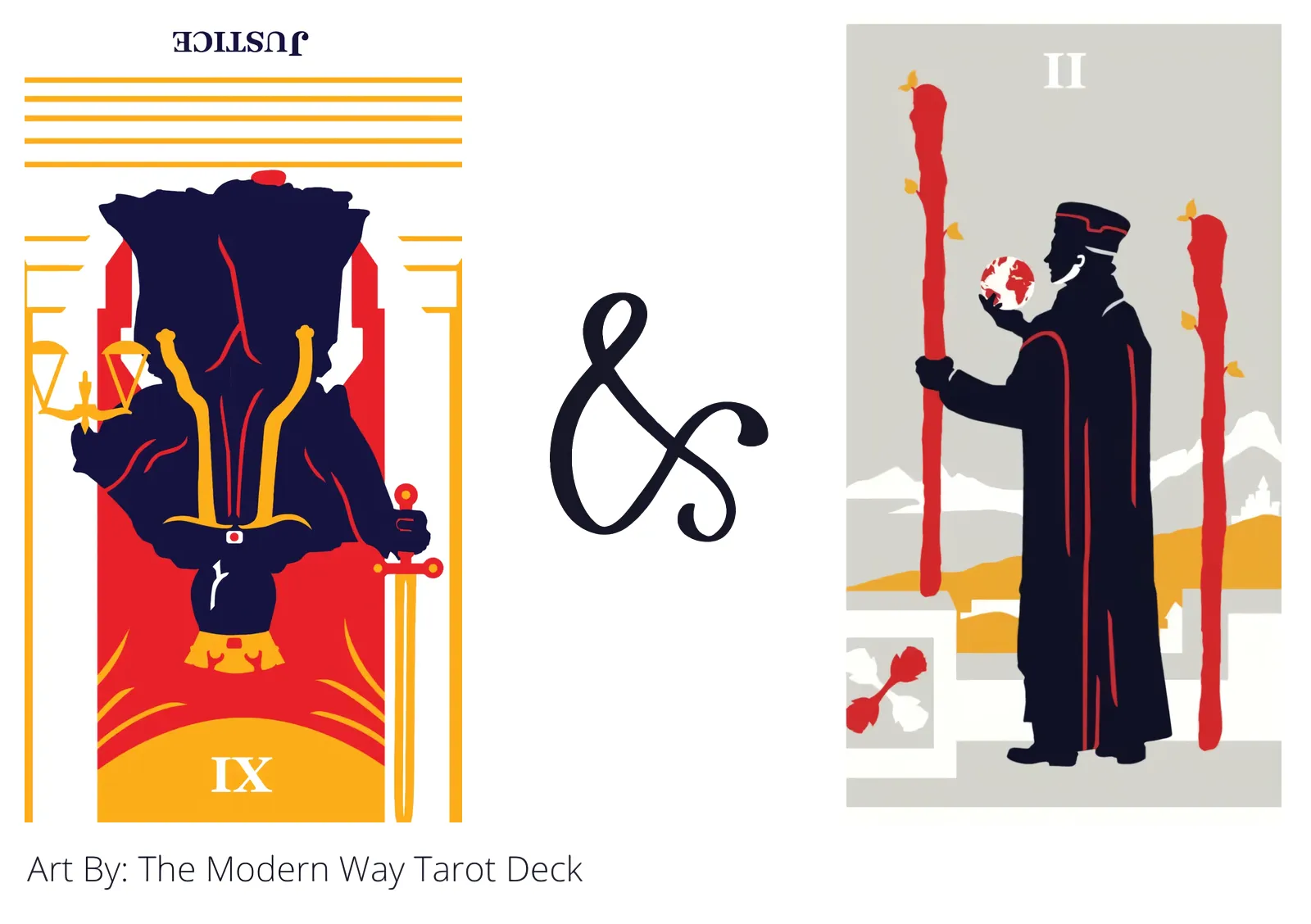 justice reversed and two of wands tarot cards together