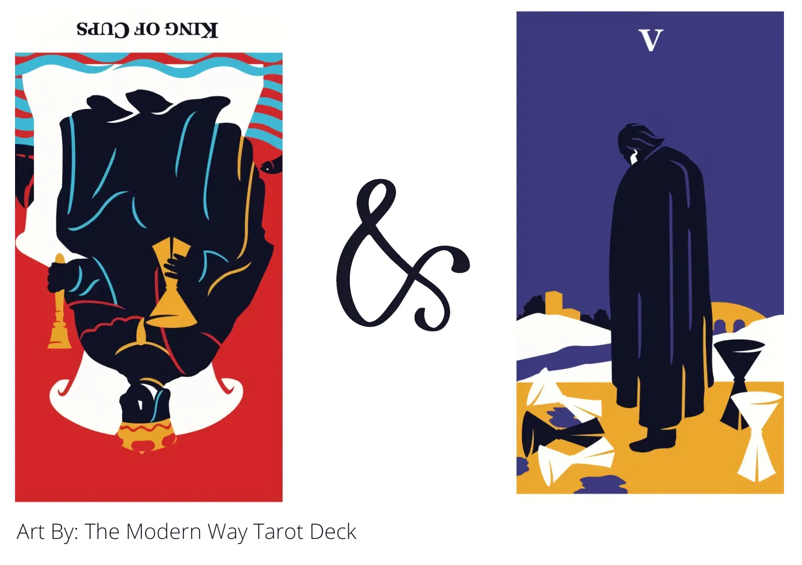 king of cups reversed and five of cups tarot cards together
