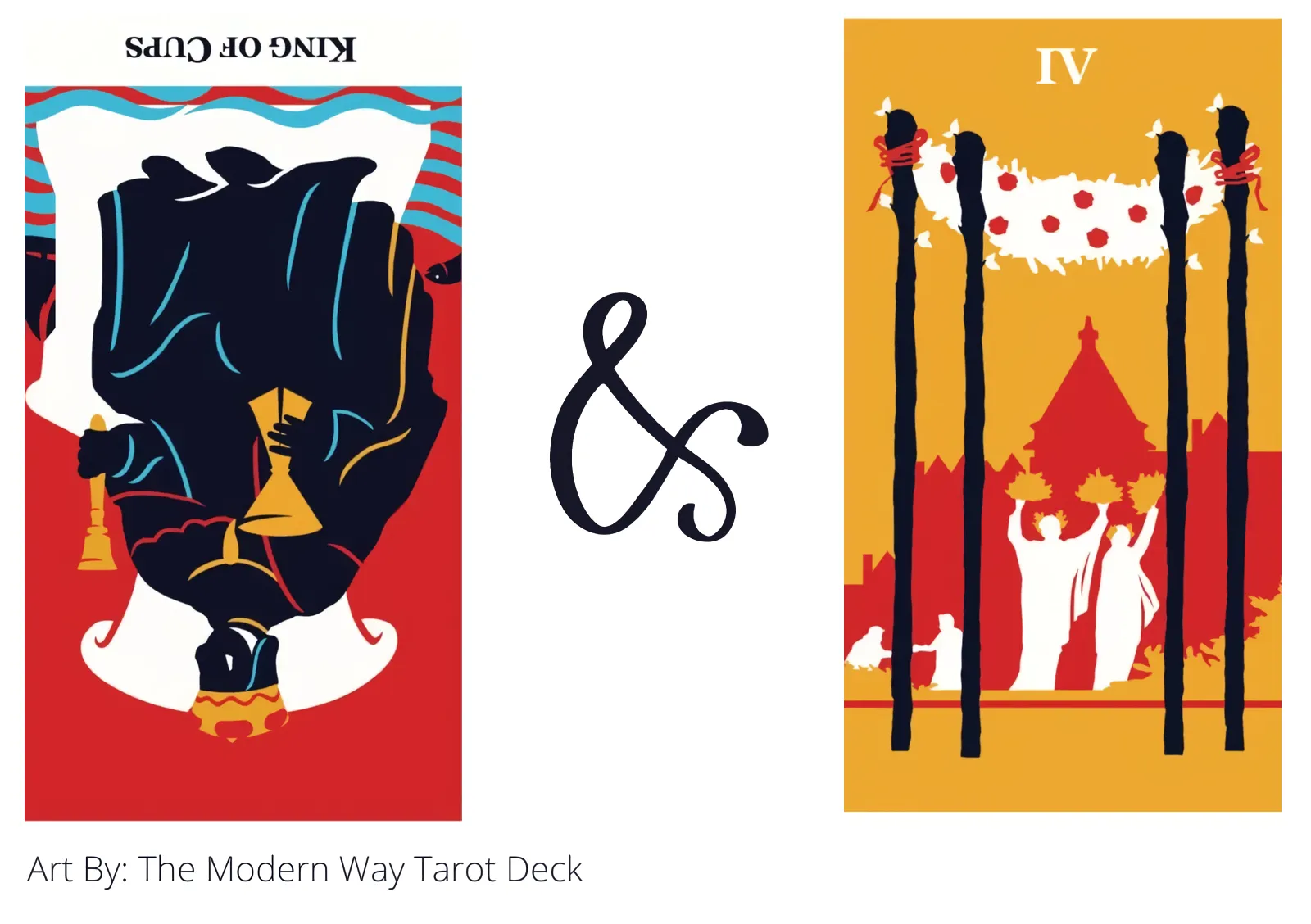 king of cups reversed and four of wands tarot cards together