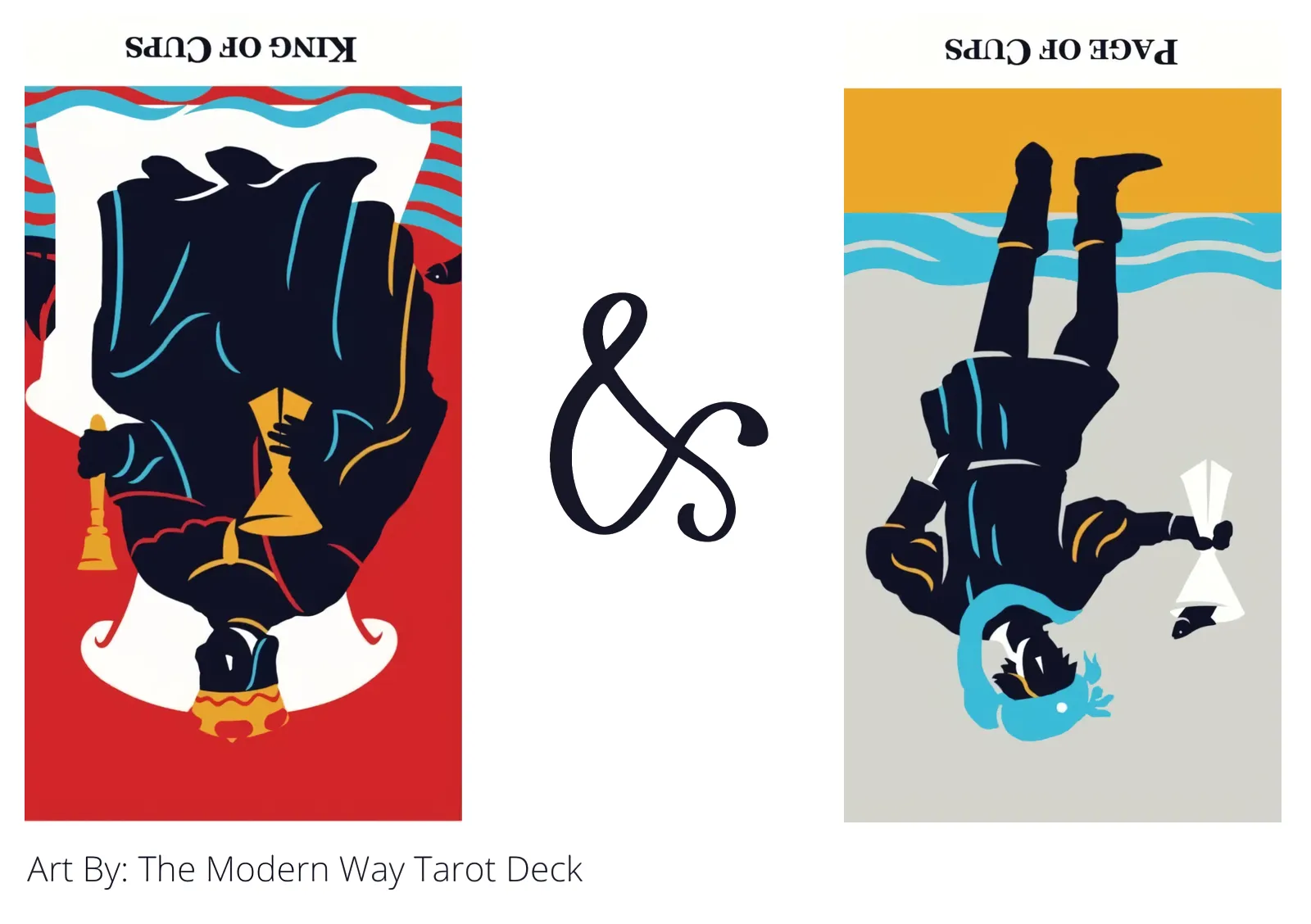 king of cups reversed and page of cups reversed tarot cards together