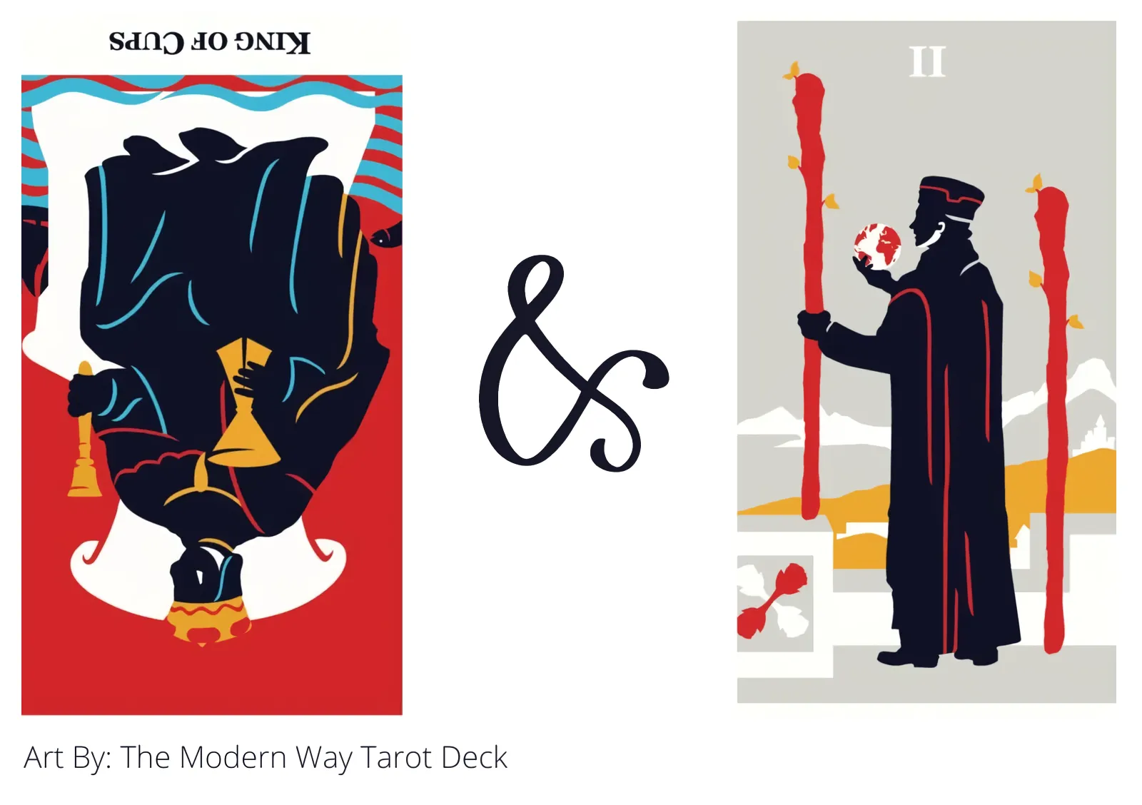 king of cups reversed and two of wands tarot cards together