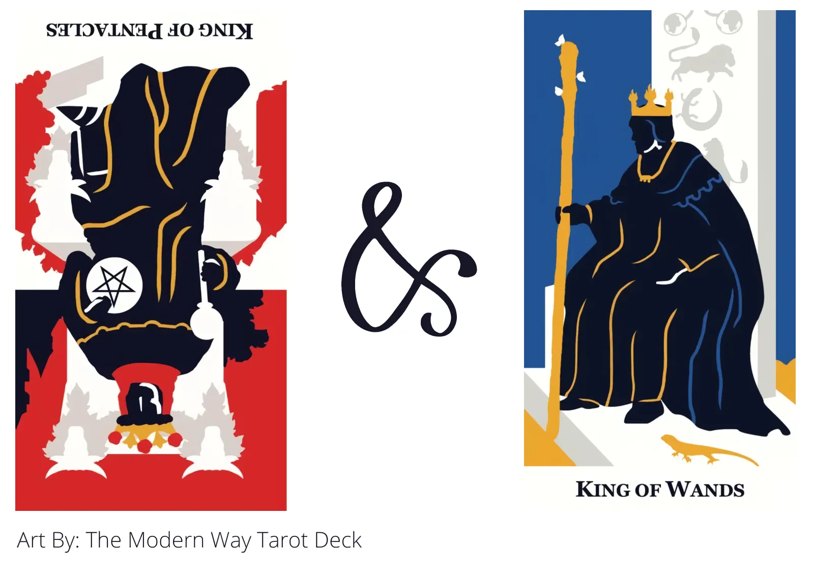 king of pentacles reversed and king of wands tarot cards together