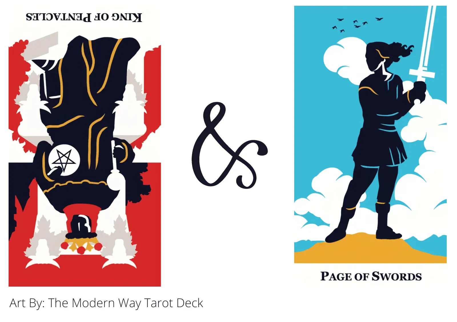 king of pentacles reversed and page of swords tarot cards together