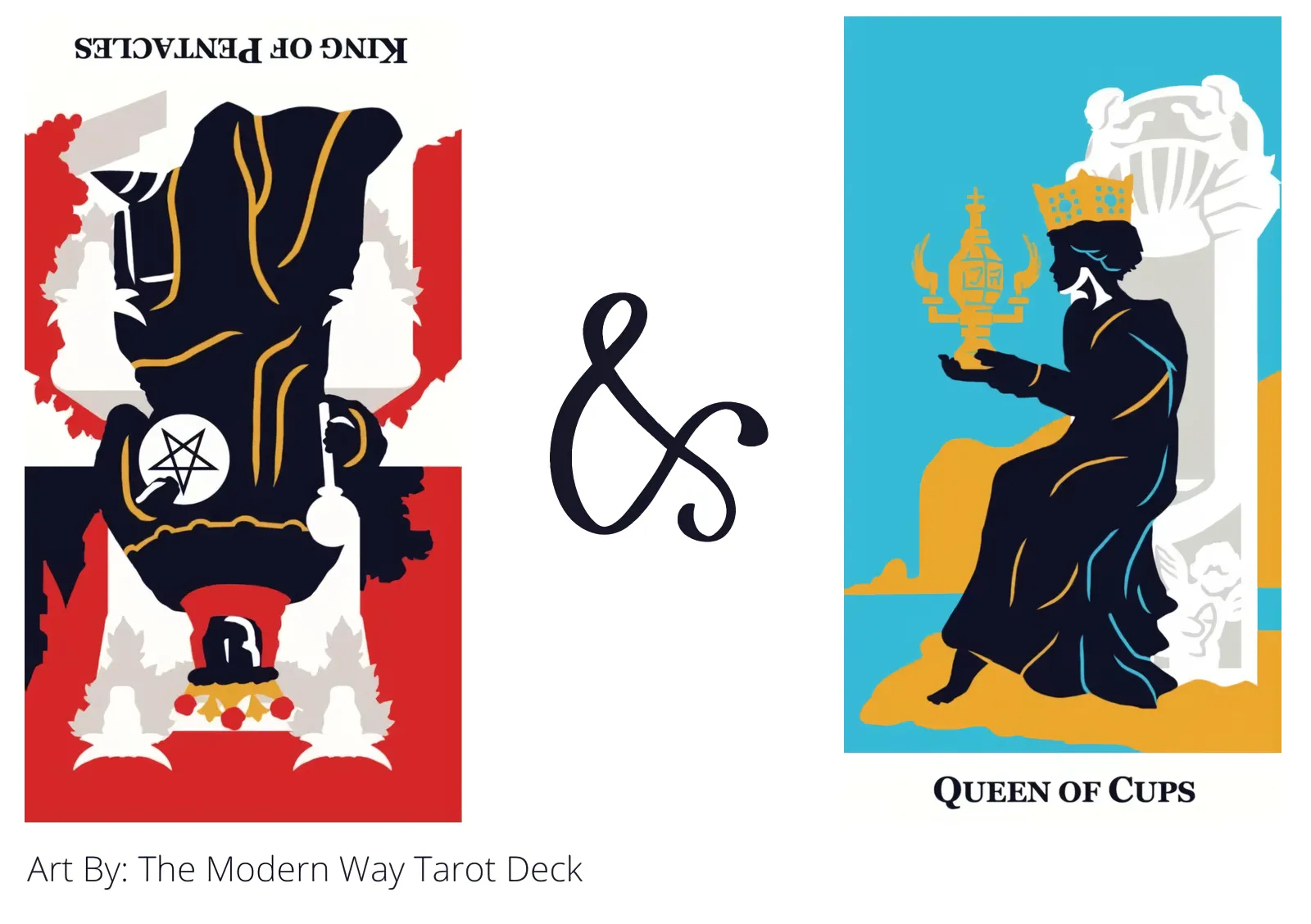 king of pentacles reversed and queen of cups tarot cards together