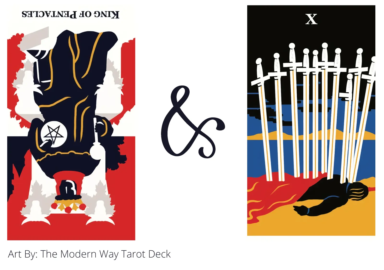 king of pentacles reversed and ten of swords tarot cards together