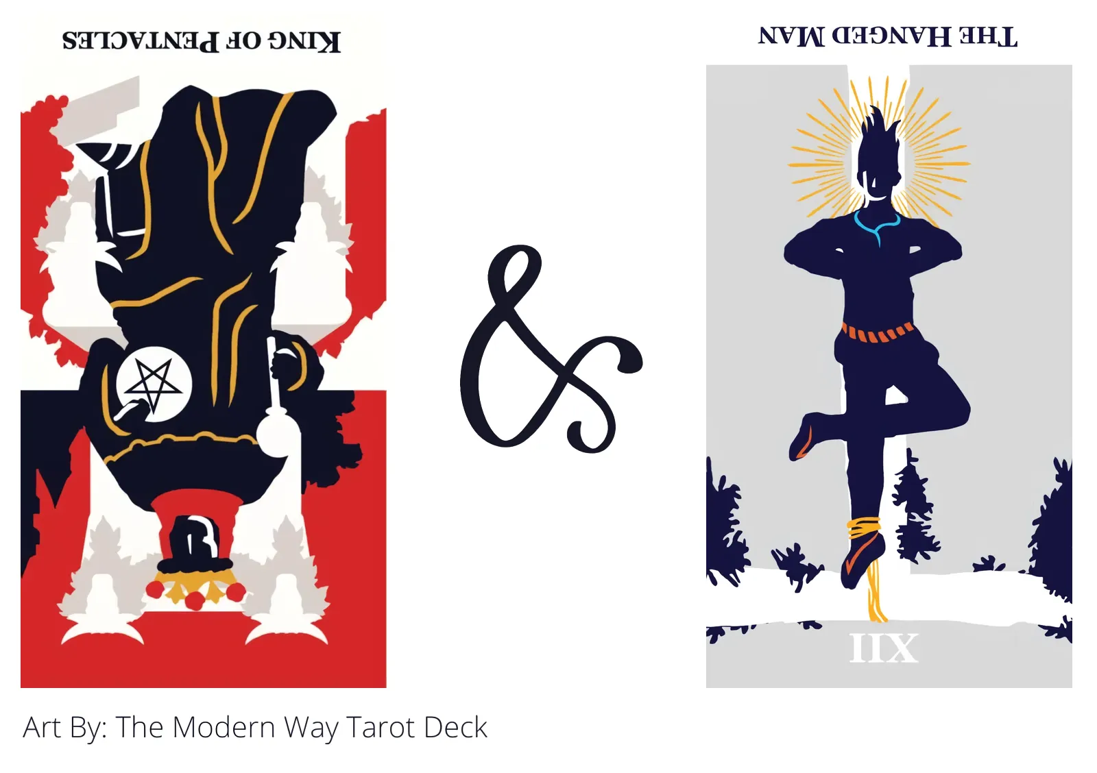 king of pentacles reversed and the hanged man reversed tarot cards together