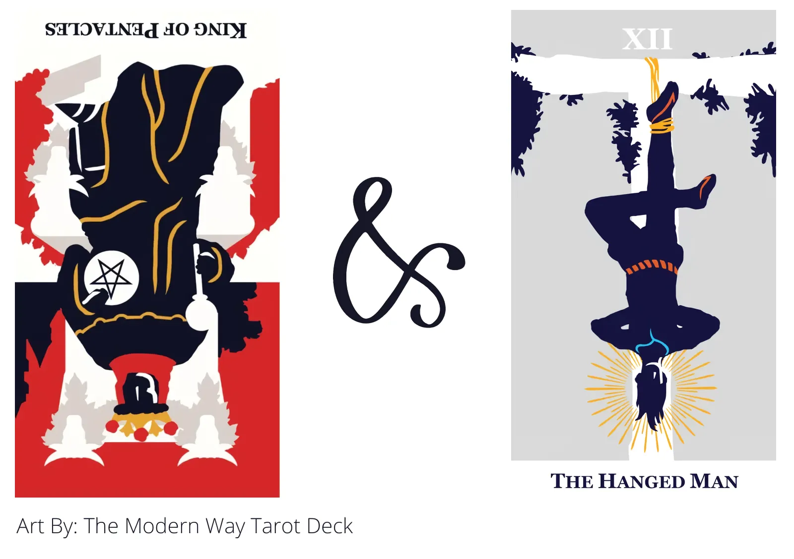 king of pentacles reversed and the hanged man tarot cards together
