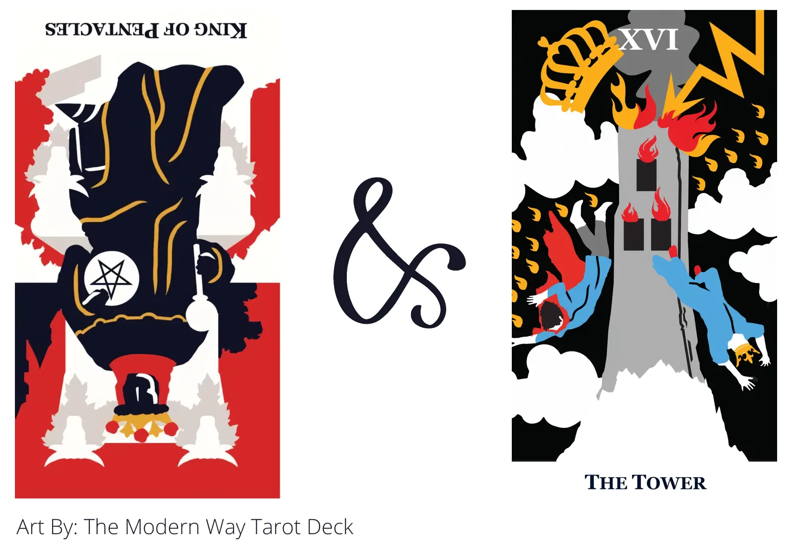 king of pentacles reversed and the tower tarot cards together