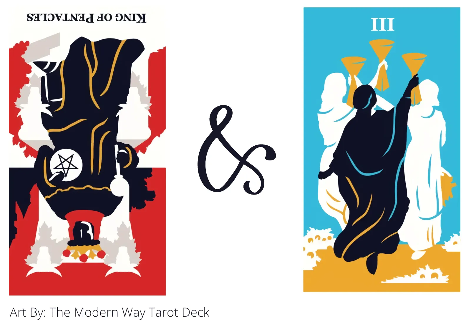 king of pentacles reversed and three of cups tarot cards together