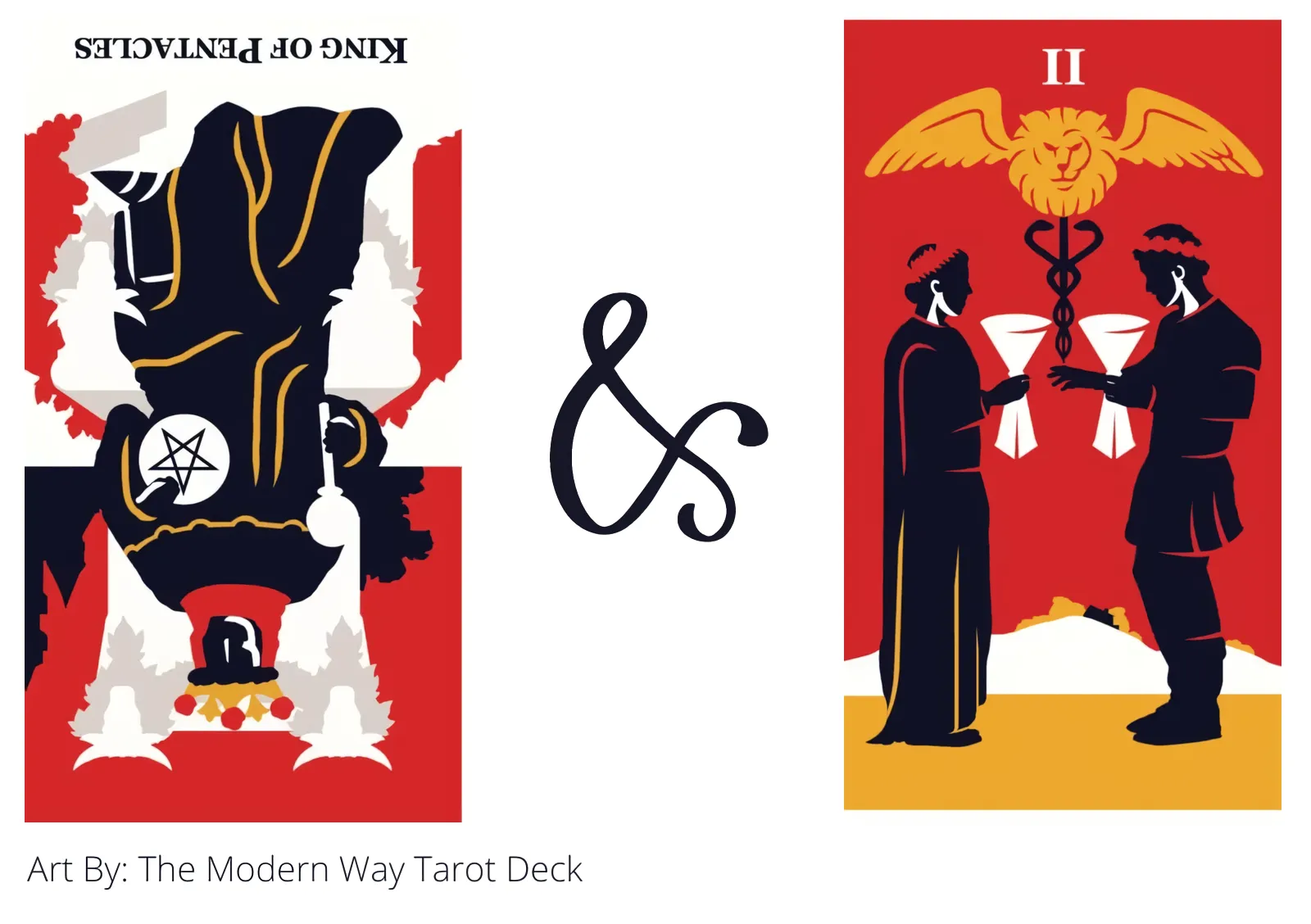 king of pentacles reversed and two of cups tarot cards together