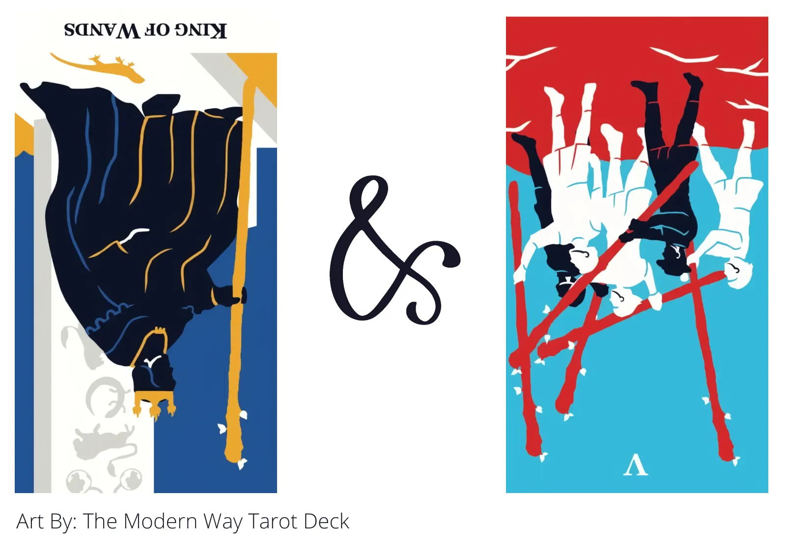 king of wands reversed and five of wands reversed tarot cards together