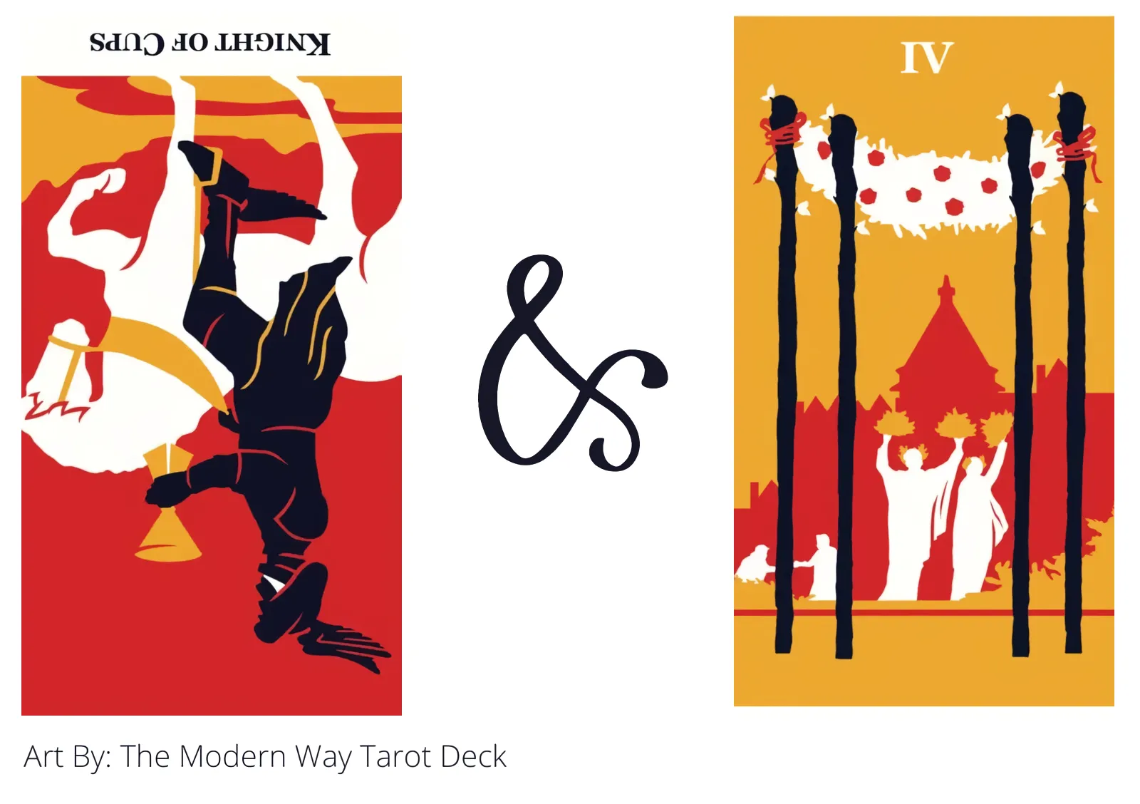 knight of cups reversed and four of wands tarot cards together