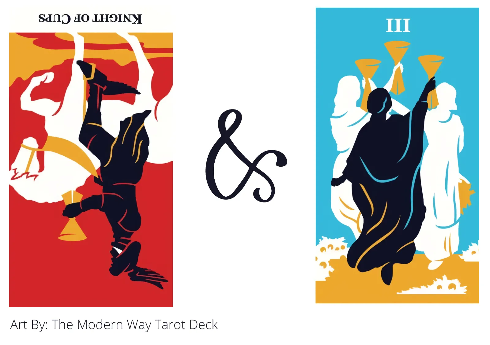 knight of cups reversed and three of cups tarot cards together