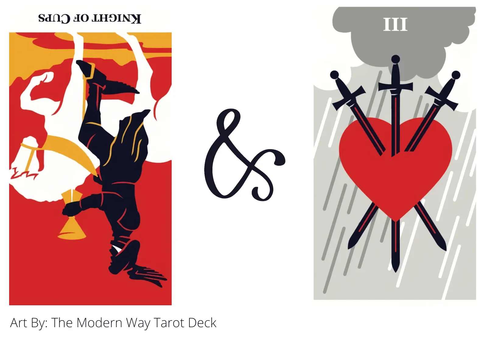 knight of cups reversed and three of swords tarot cards together