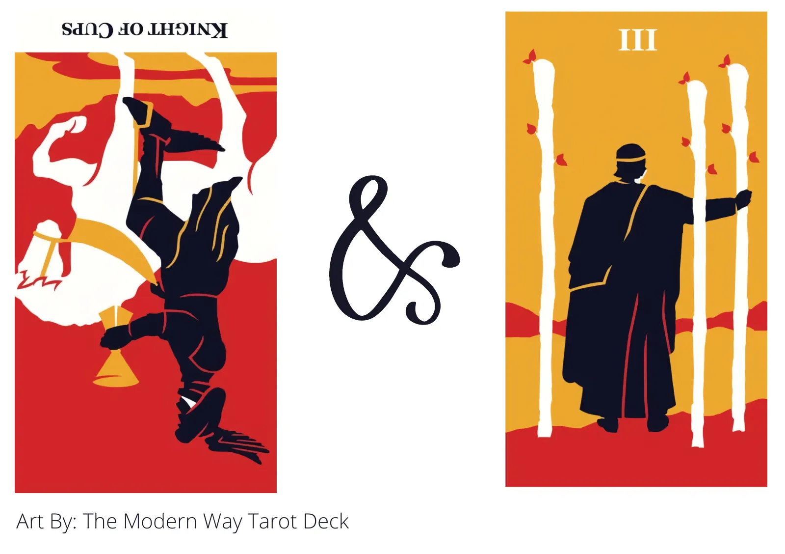 knight of cups reversed and three of wands tarot cards together
