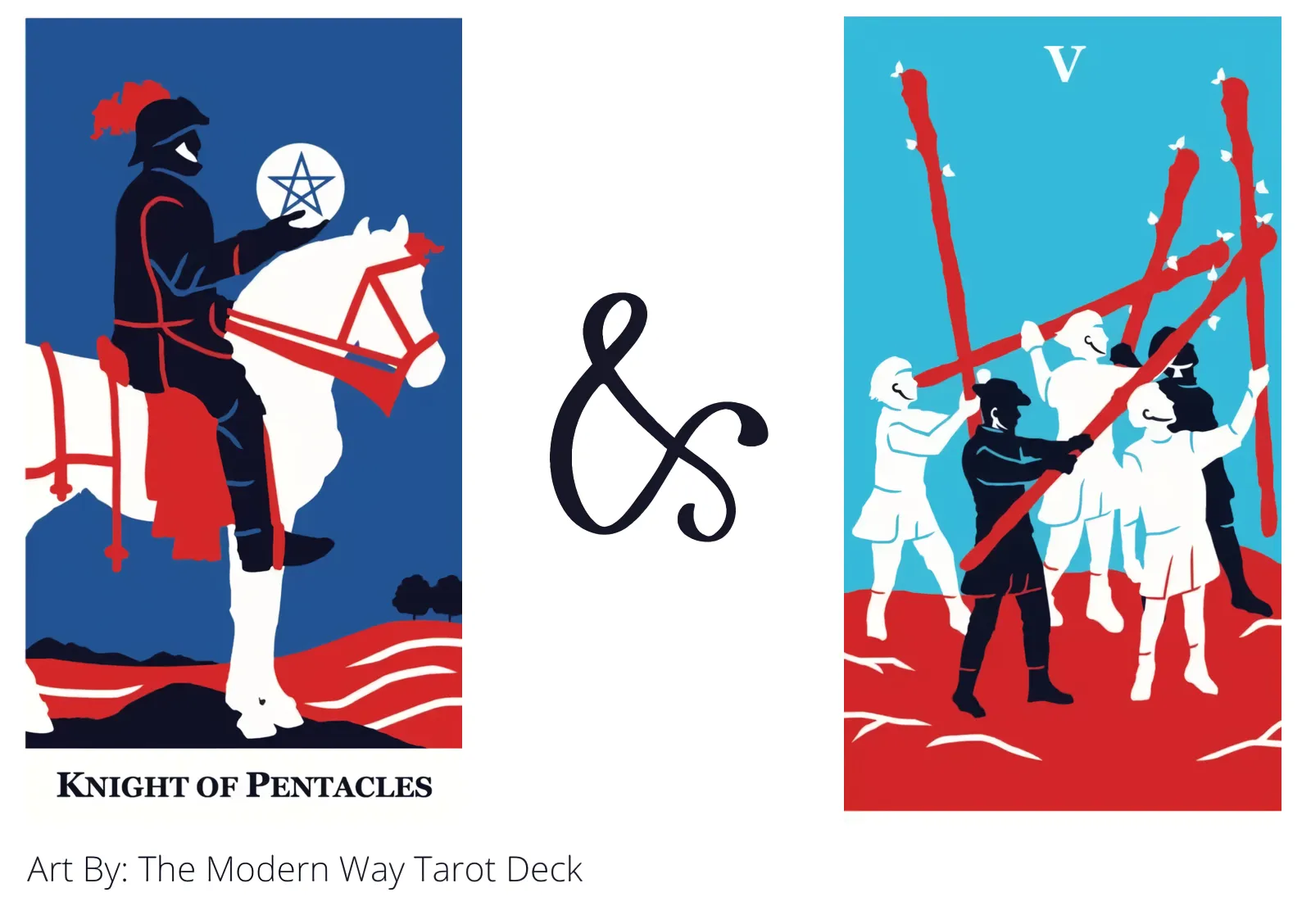 knight of pentacles and five of wands tarot cards together