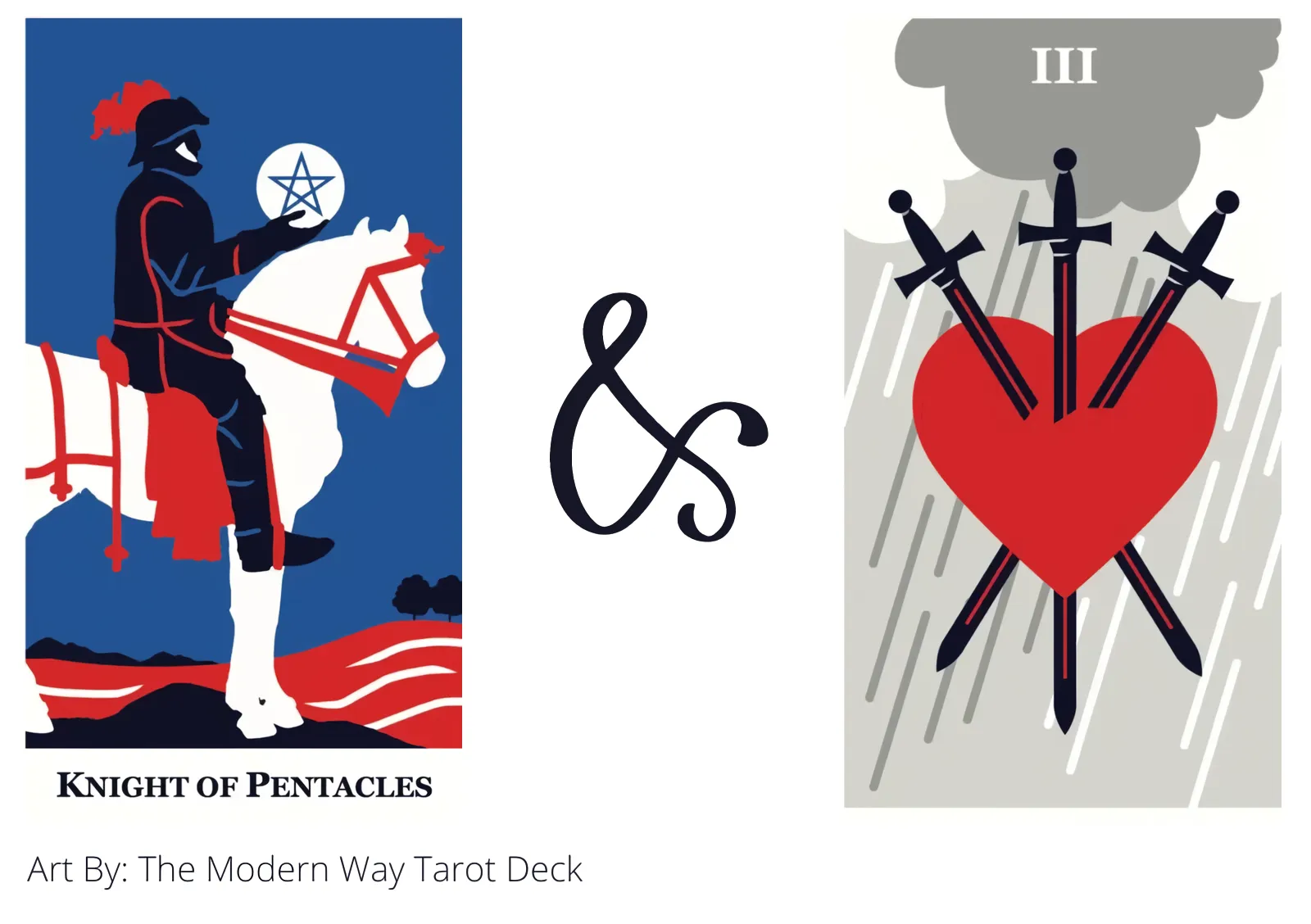 knight of pentacles and three of swords tarot cards together