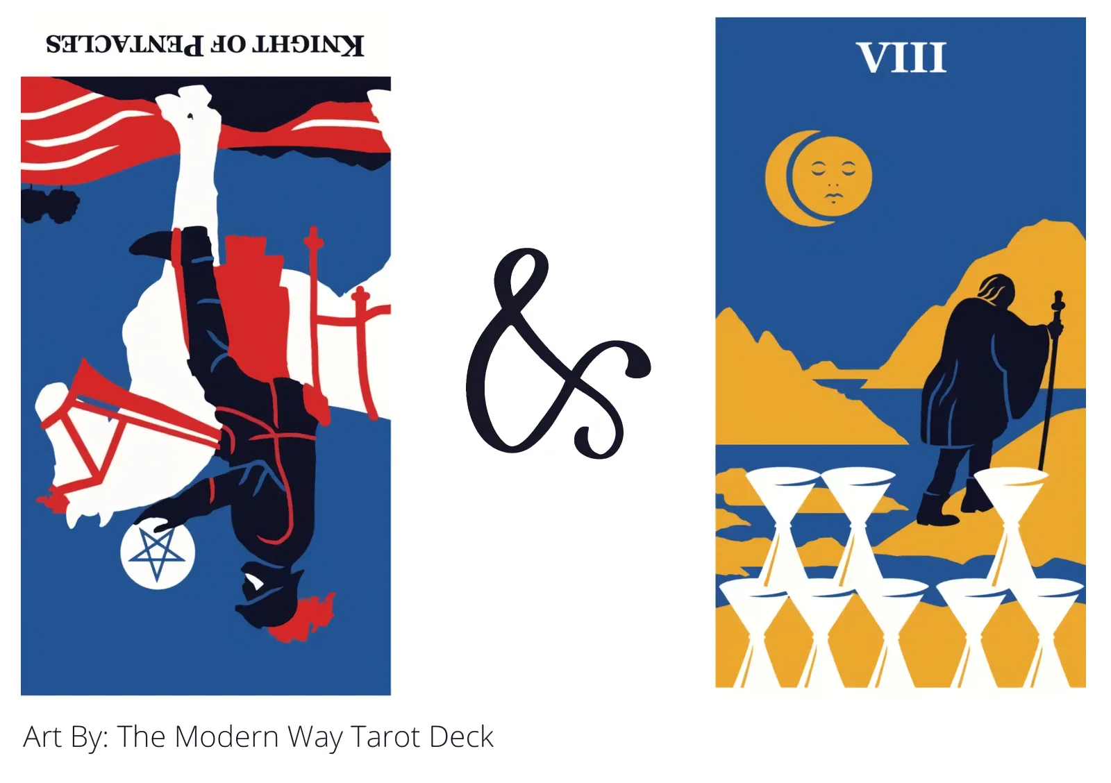 knight of pentacles reversed and eight of cups tarot cards together