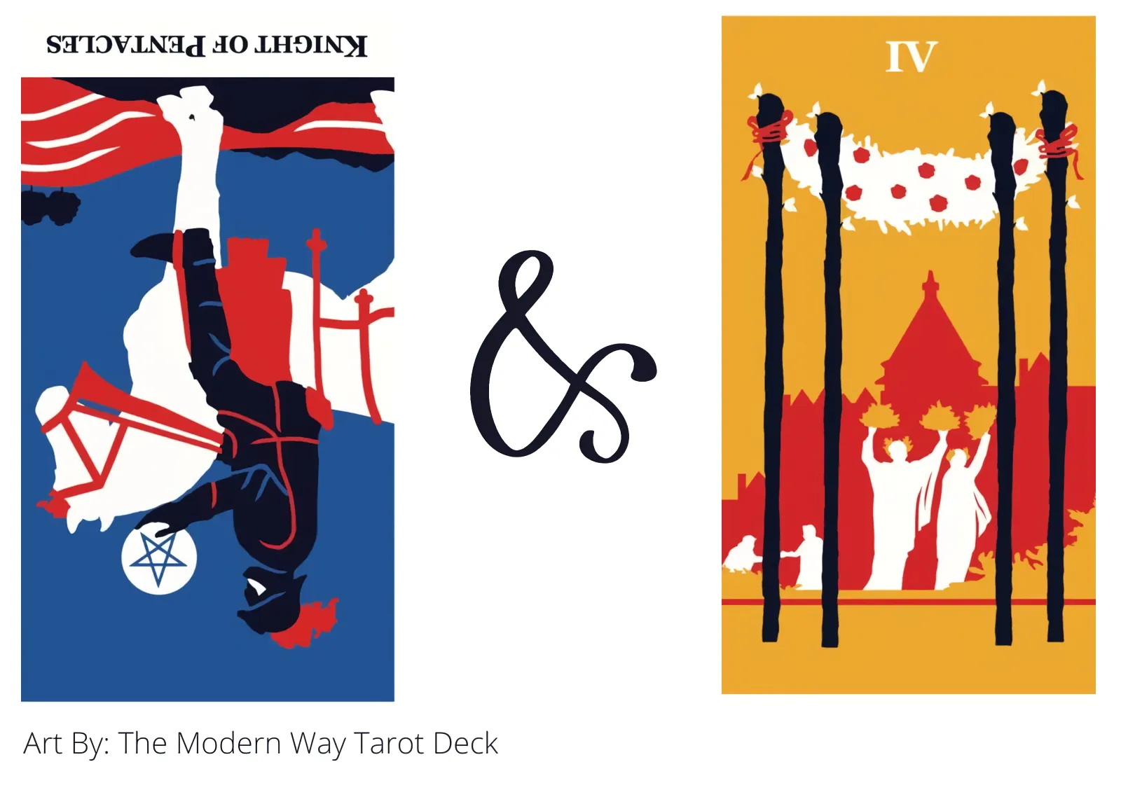 knight of pentacles reversed and four of wands tarot cards together