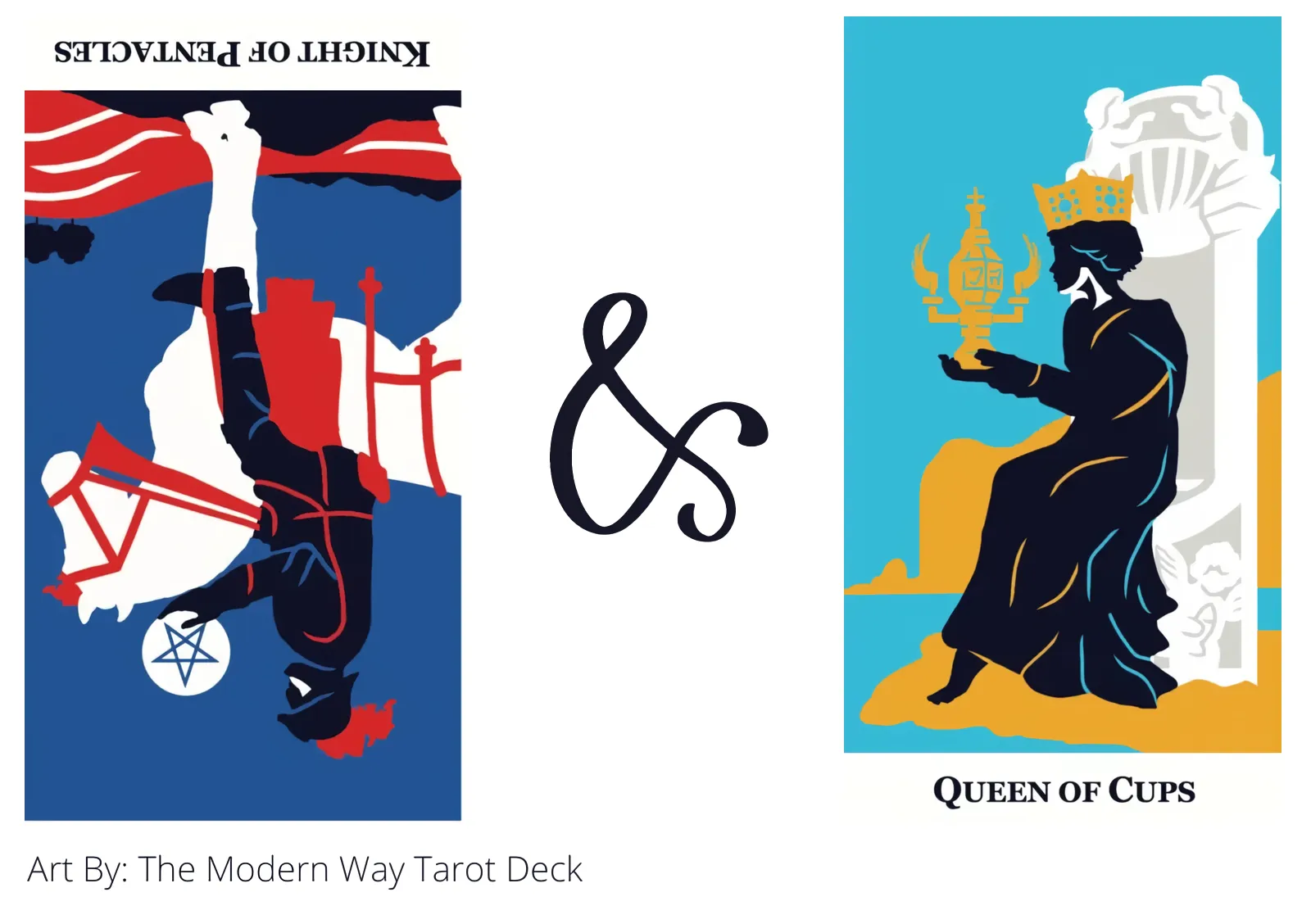 knight of pentacles reversed and queen of cups tarot cards together