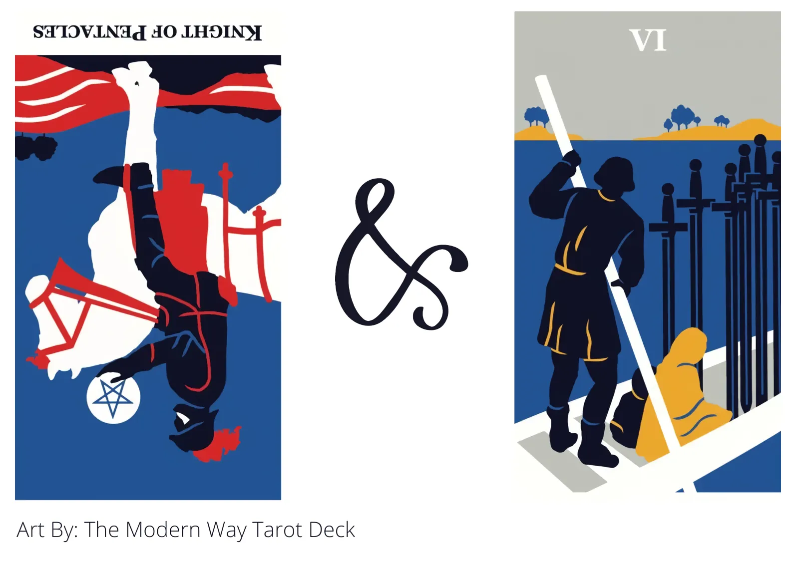 knight of pentacles reversed and six of swords tarot cards together