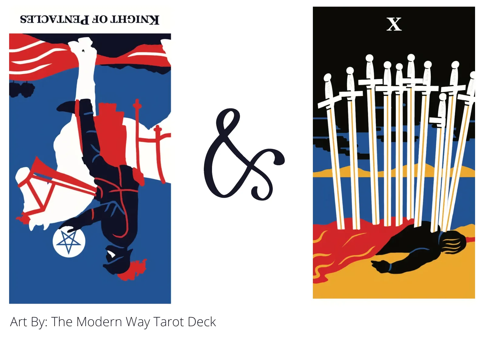 knight of pentacles reversed and ten of swords tarot cards together
