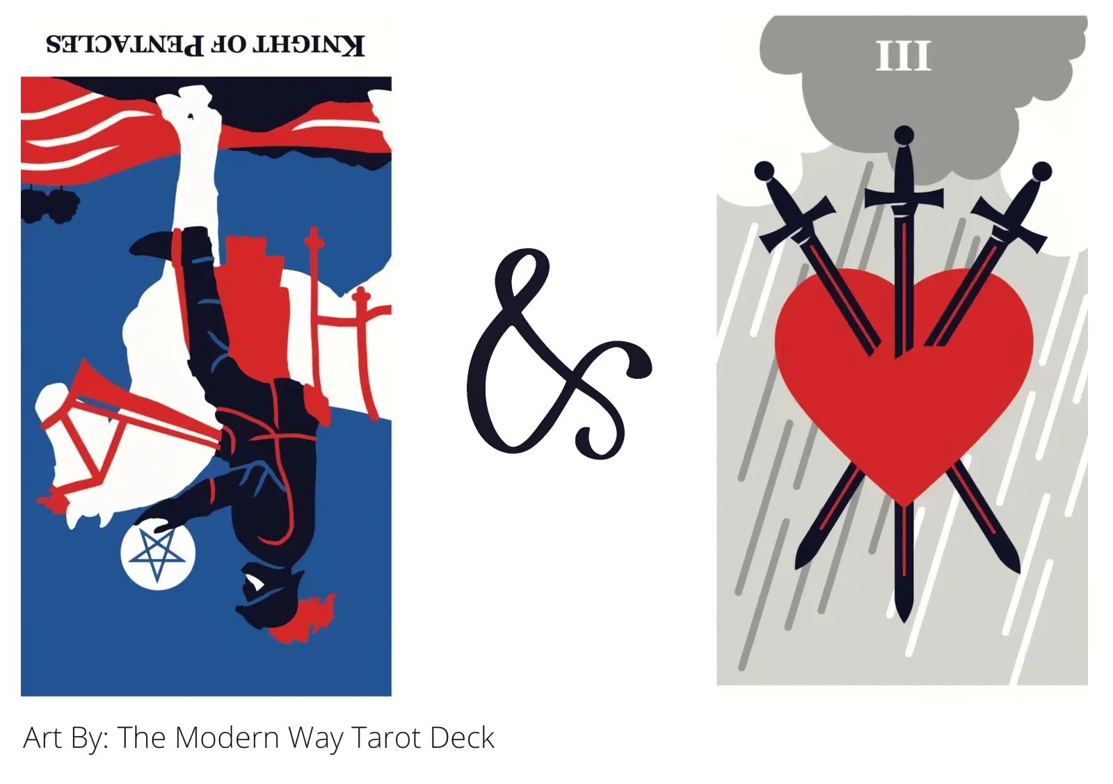 knight of pentacles reversed and three of swords tarot cards together