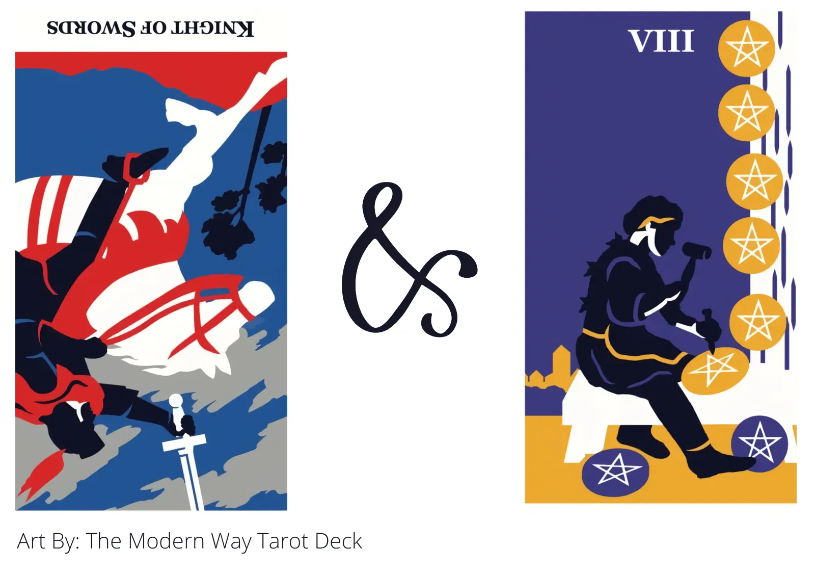 knight of swords reversed and eight of pentacles tarot cards together