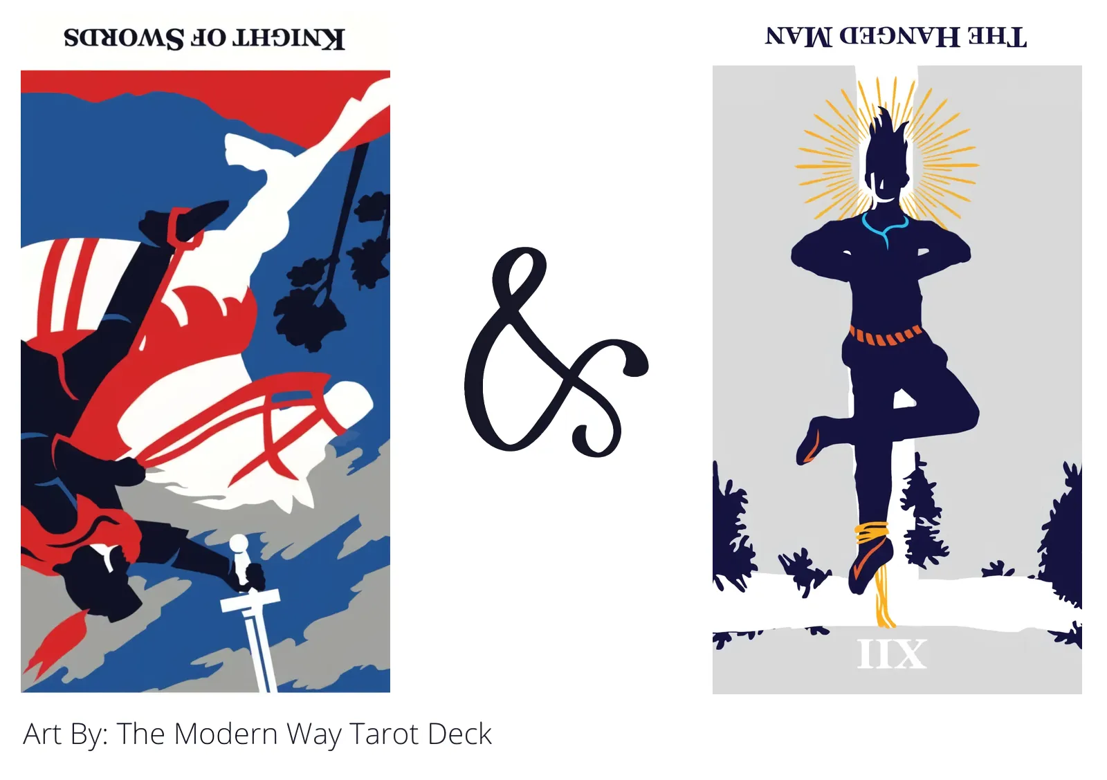 knight of swords reversed and the hanged man reversed tarot cards together