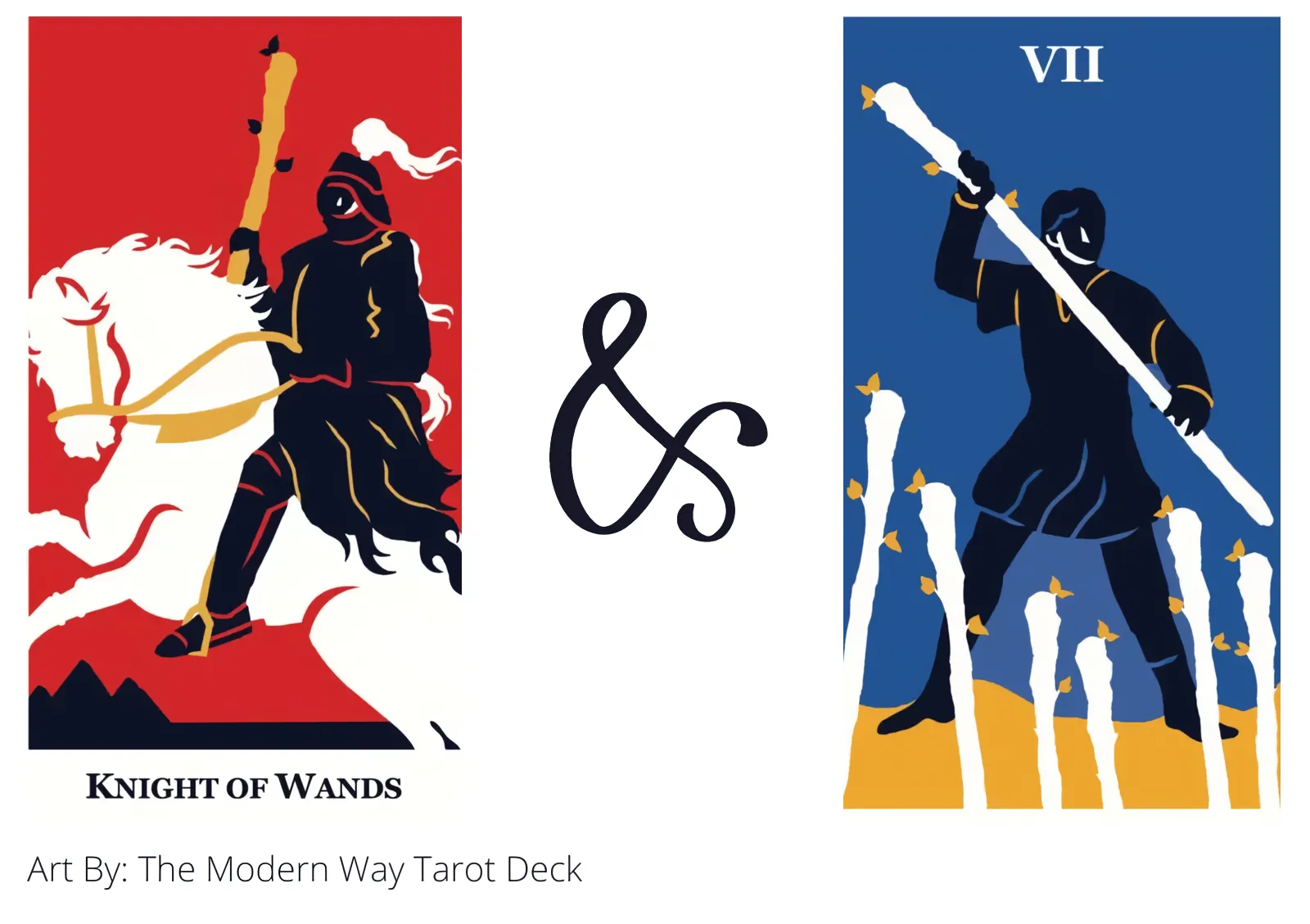 knight of wands and seven of wands tarot cards together