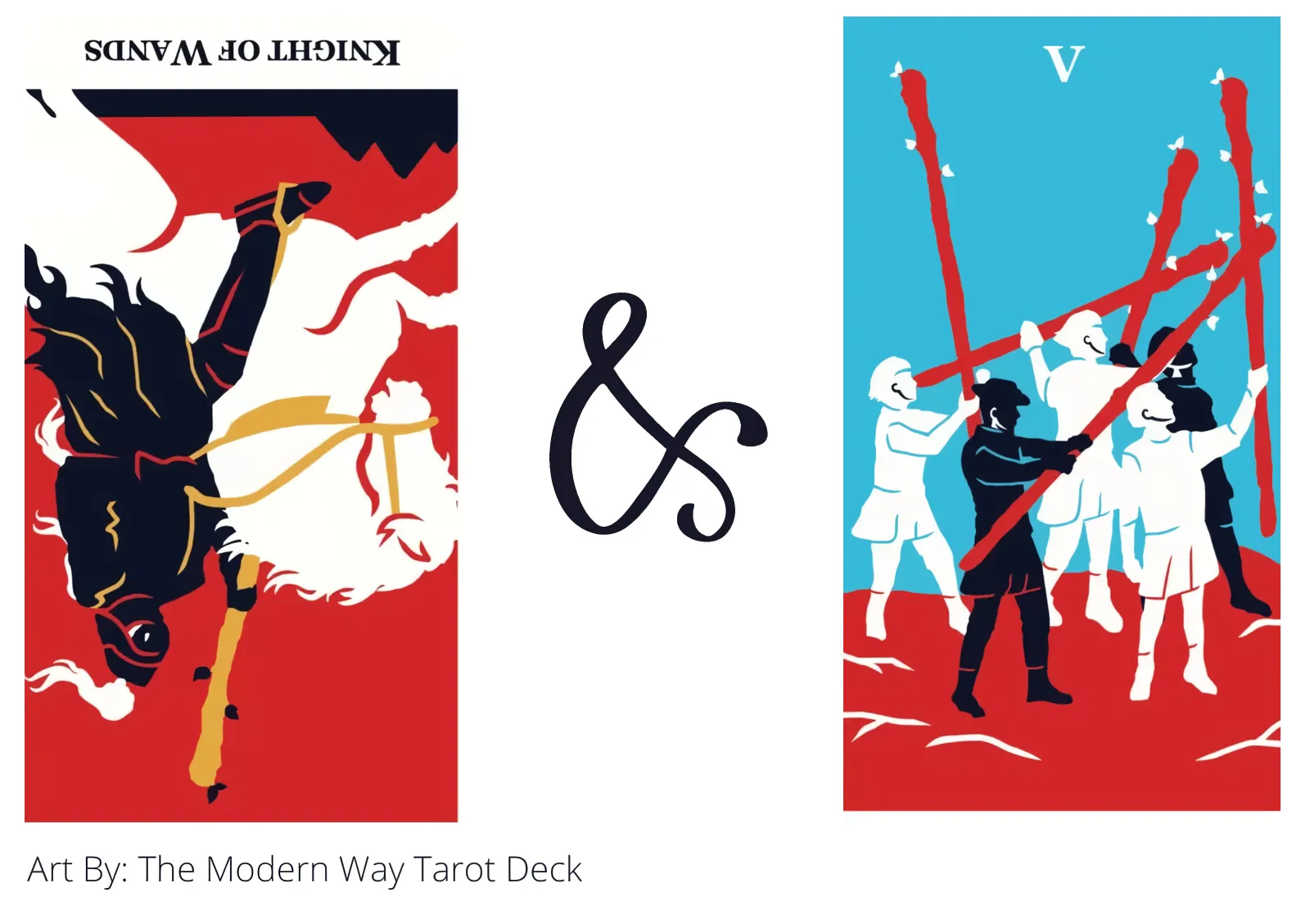 knight of wands reversed and five of wands tarot cards together