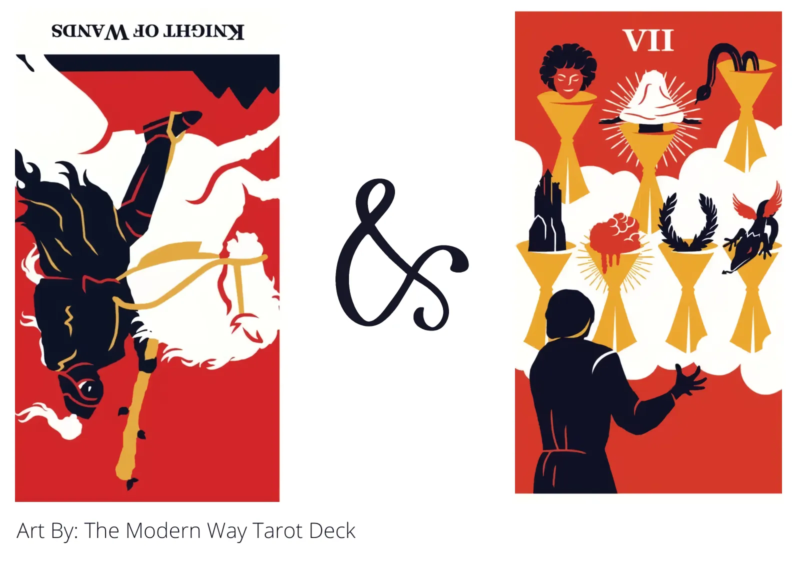knight of wands reversed and seven of cups tarot cards together