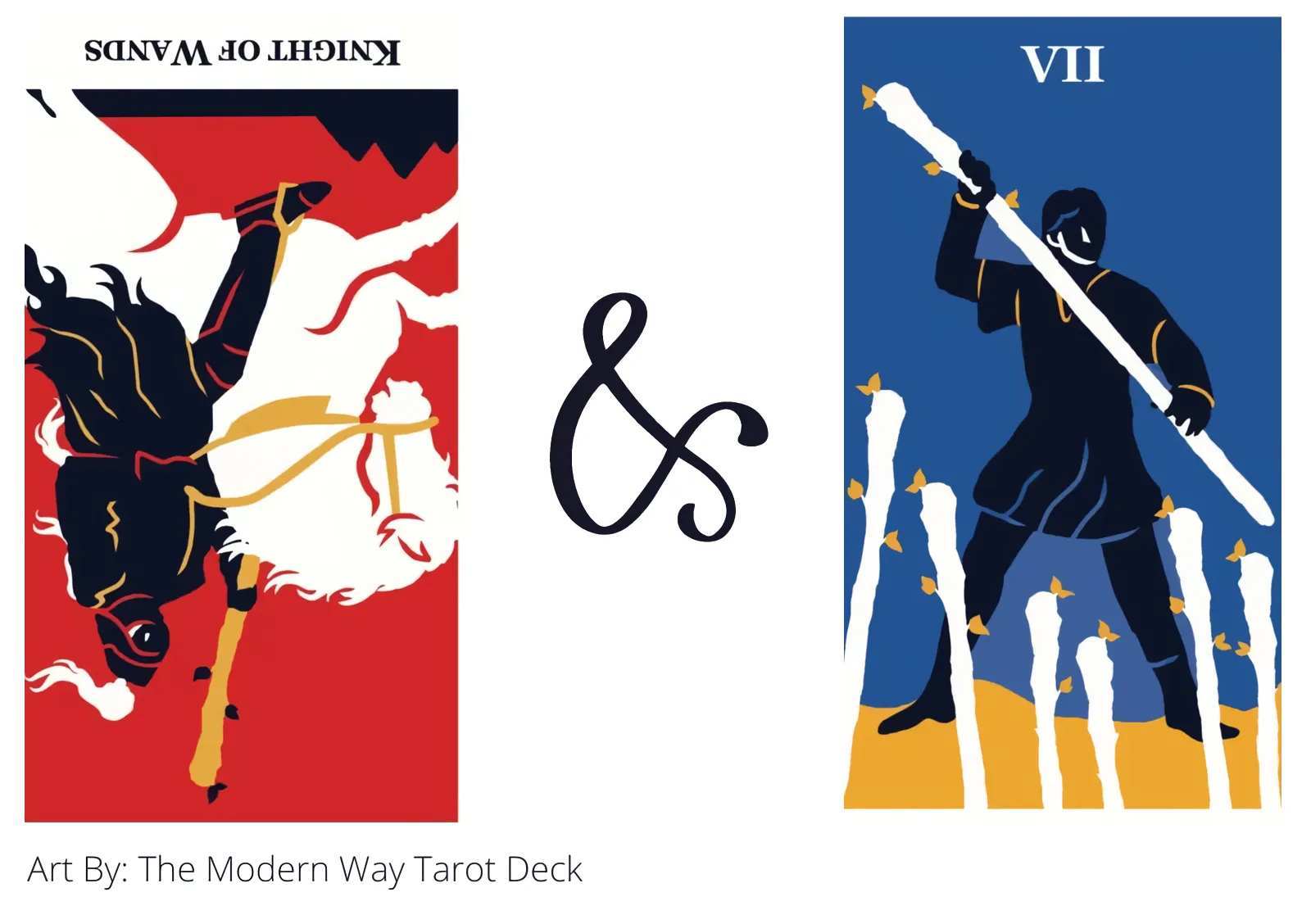 knight of wands reversed and seven of wands tarot cards together