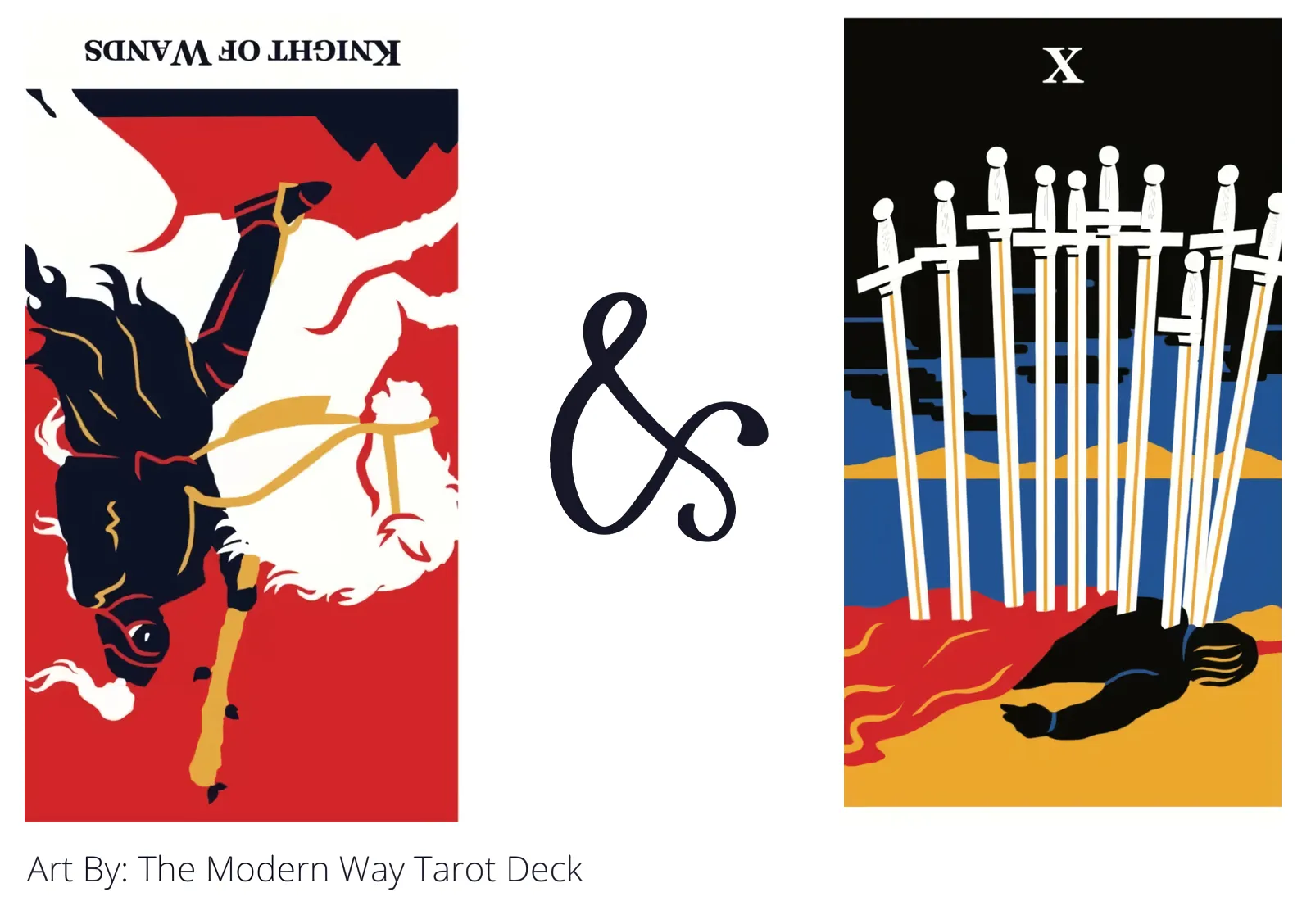 knight of wands reversed and ten of swords tarot cards together